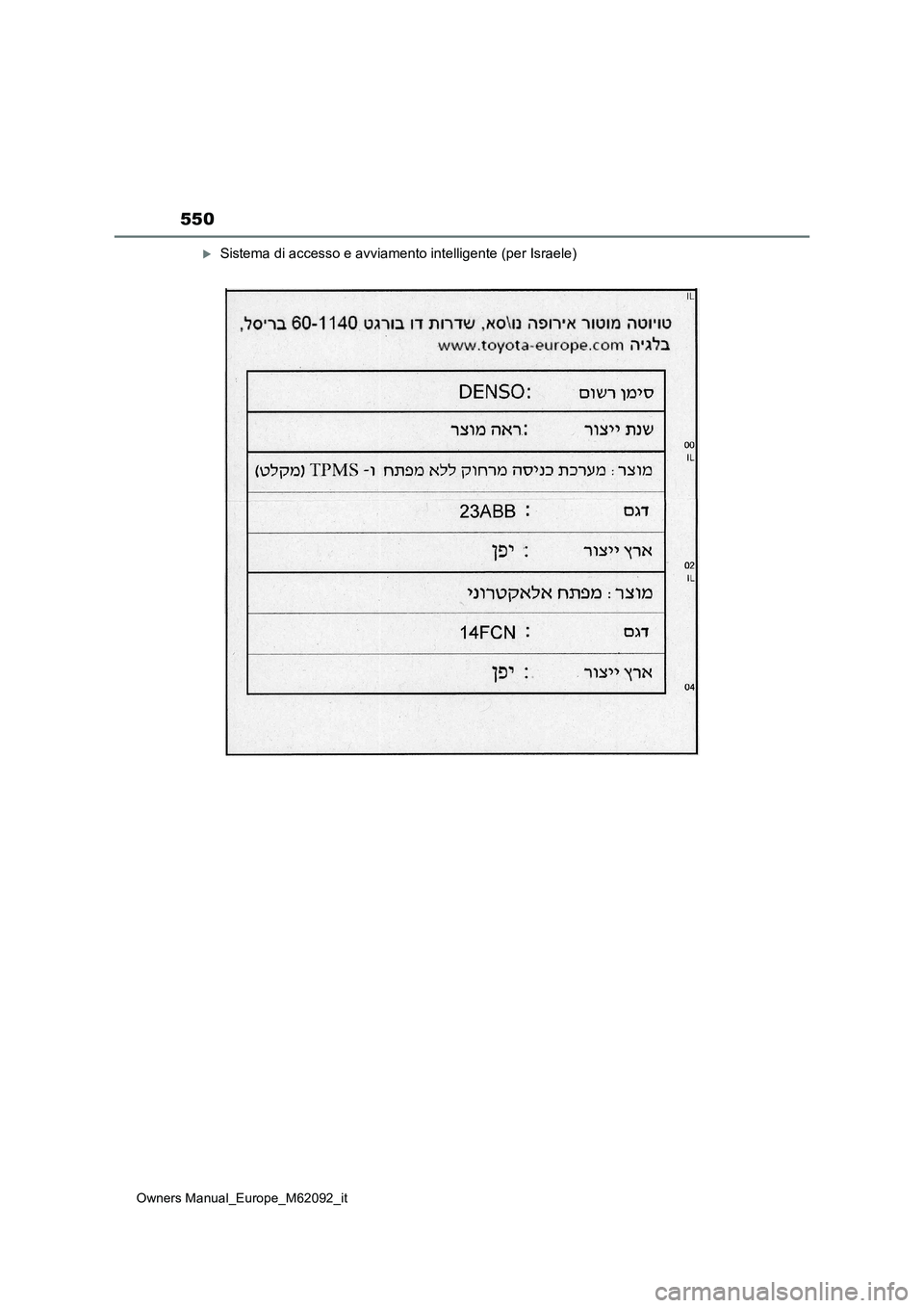 TOYOTA MIRAI 2022 Manuale duso (in Italian) 550
Owners Manual_Europe_M62092_it
Sistema di accesso e avviamento intelligente (per Israele) TOYOTA MIRAI 2022 Manuale duso (in Italian) 550
Owners Manual_Europe_M62092_it
Sistema di accesso e avviamento intelligente (per Israele)