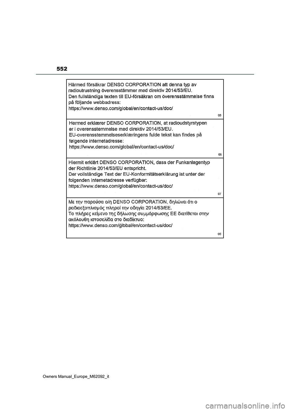 TOYOTA MIRAI 2022 Manuale duso (in Italian) 552
Owners Manual_Europe_M62092_it TOYOTA MIRAI 2022 Manuale duso (in Italian) 552
Owners Manual_Europe_M62092_it