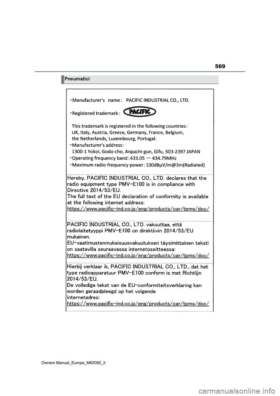 TOYOTA MIRAI 2022 Manuale duso (in Italian) 569
Owners Manual_Europe_M62092_it
Pneumatici TOYOTA MIRAI 2022 Manuale duso (in Italian) 569
Owners Manual_Europe_M62092_it
Pneumatici