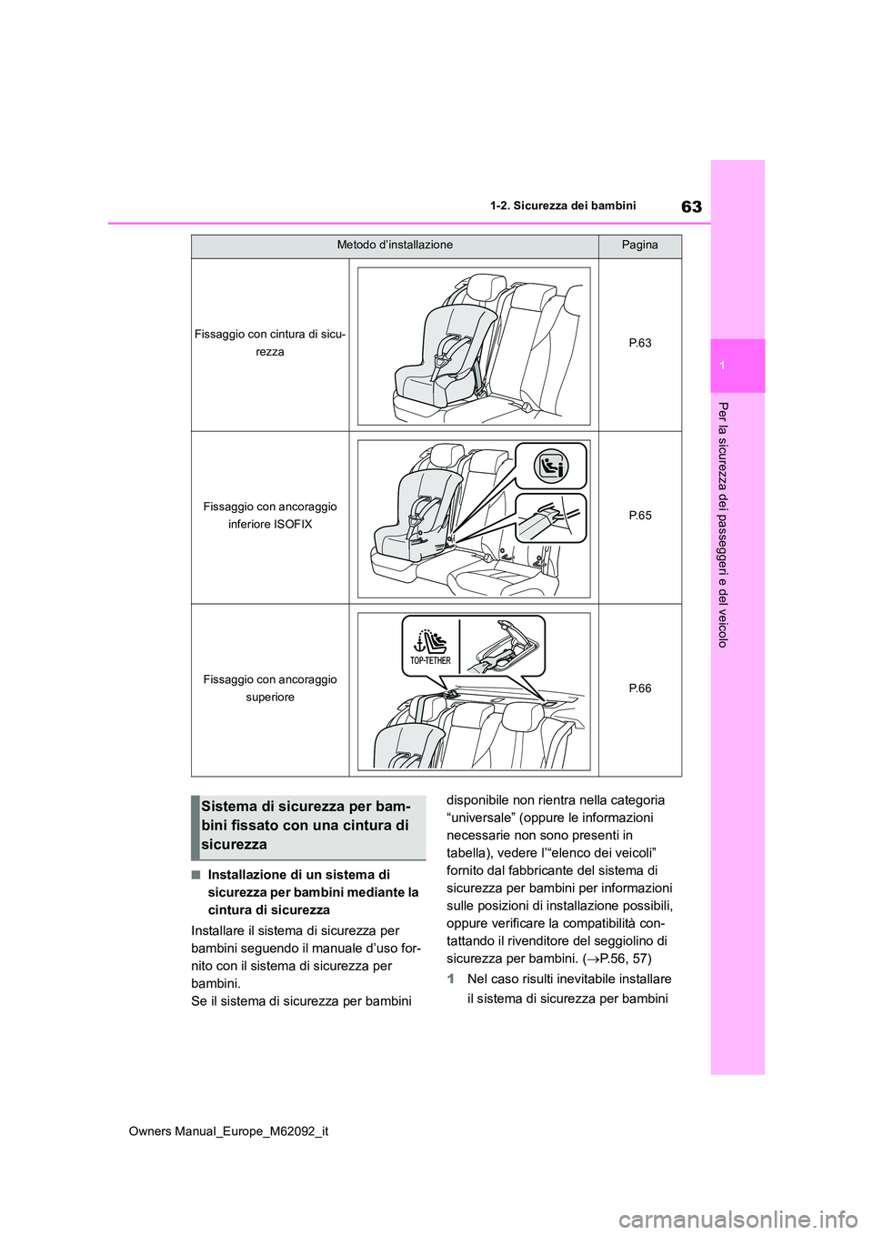 TOYOTA MIRAI 2022 Manuale duso (in Italian) 63
1
Owners Manual_Europe_M62092_it
1-2. Sicurezza dei bambini
Per la sicurezza dei passeggeri e del veicolo
■Installazione di un sistema di
sicurezza per bambini mediante la
cintura di sicurezza TOYOTA MIRAI 2022 Manuale duso (in Italian) 63
1
Owners Manual_Europe_M62092_it
1-2. Sicurezza dei bambini
Per la sicurezza dei passeggeri e del veicolo
■Installazione di un sistema di
sicurezza per bambini mediante la
cintura di sicurezza