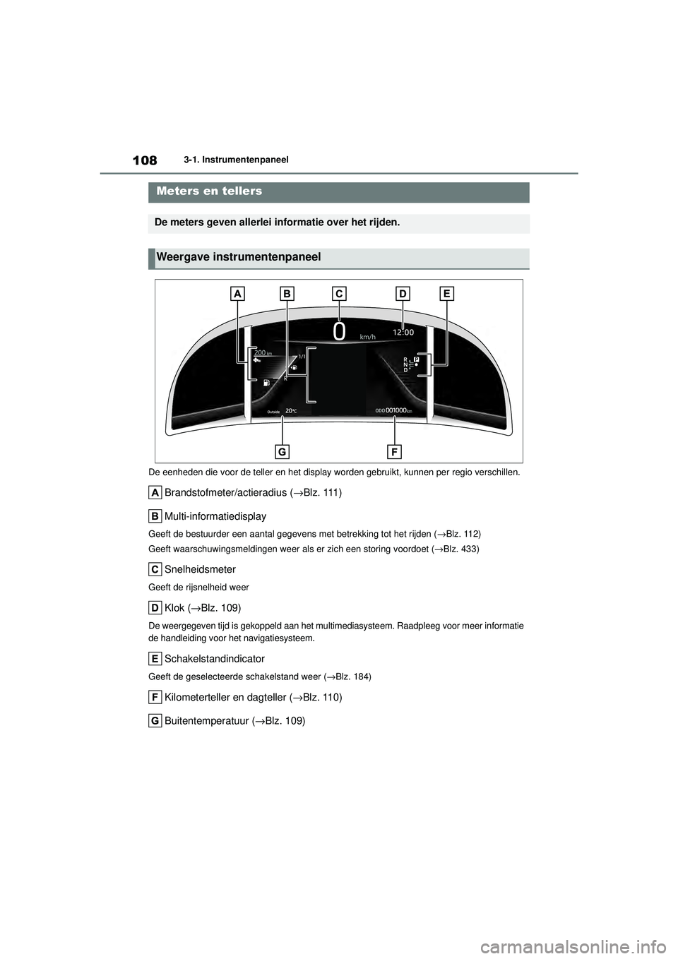 TOYOTA MIRAI 2022  Instructieboekje (in Dutch) 108
Handleiding_Europa_M62060_nl
3-1. Instrumentenpaneel
De eenheden die voor de teller en het display worden gebruikt, kunnen per regio verschillen.
Brandstofmeter/actieradius ( →Blz. 111)
Multi-in