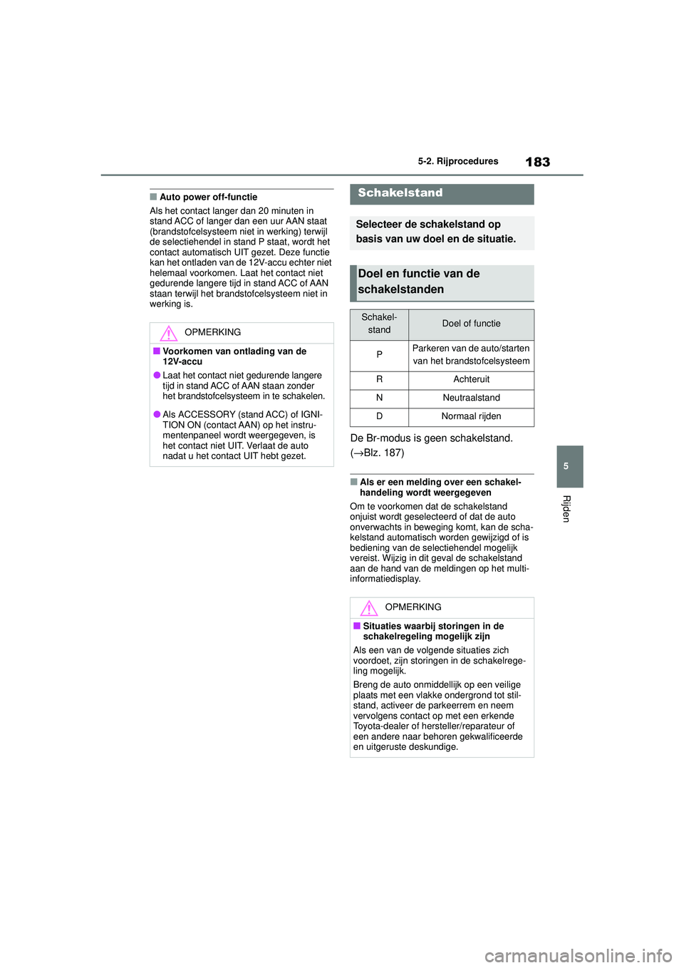 TOYOTA MIRAI 2022 Instructieboekje (in Dutch) 183
5
Handleiding_Europa_M62060_nl
5-2. Rijprocedures
Rijden
■Auto power off-functie
Als het contact langer dan 20 minuten in
stand ACC of langer dan een uur AAN staat
(brandstofcelsysteem niet in TOYOTA MIRAI 2022 Instructieboekje (in Dutch) 183
5
Handleiding_Europa_M62060_nl
5-2. Rijprocedures
Rijden
■Auto power off-functie
Als het contact langer dan 20 minuten in
stand ACC of langer dan een uur AAN staat
(brandstofcelsysteem niet in