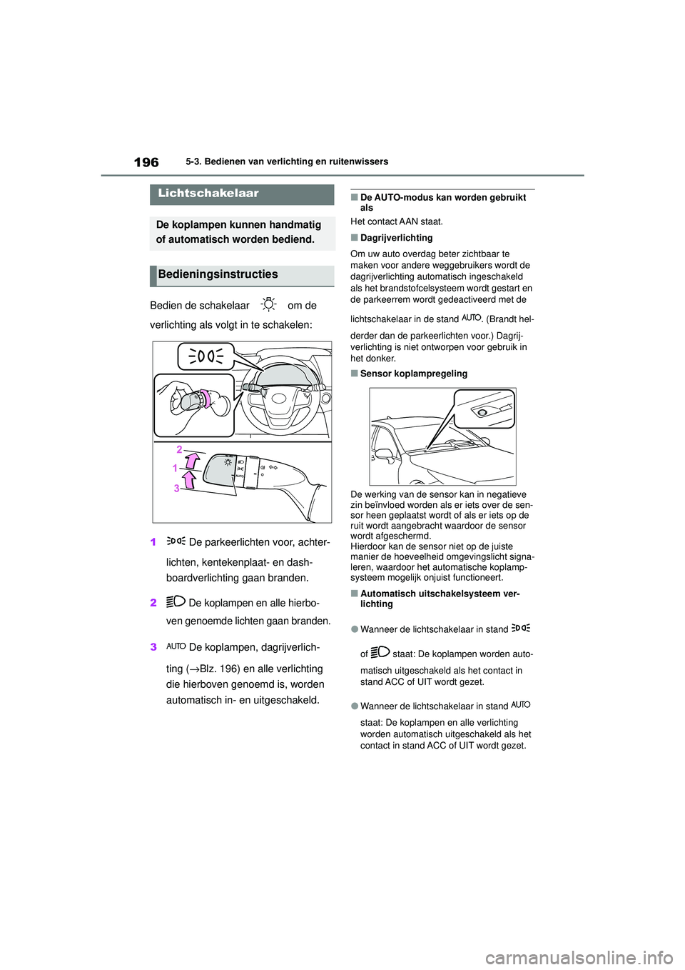 TOYOTA MIRAI 2022  Instructieboekje (in Dutch) 196
Handleiding_Europa_M62060_nl
5-3. Bedienen van verlichting en ruitenwissers
5-3.Bedienen van verlichting en ruitenwissers
Bedien de schakelaar   om de 
verlichting als volgt in te schakelen:
1 De 