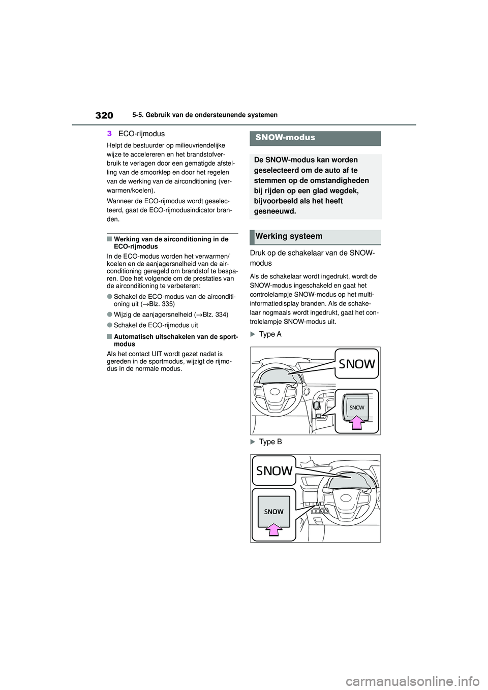 TOYOTA MIRAI 2022  Instructieboekje (in Dutch) 320
Handleiding_Europa_M62060_nl
5-5. Gebruik van de ondersteunende systemen
3ECO-rijmodus
Helpt de bestuurder  op milieuvriendelijke 
wijze te accelereren en het brandstofver-
bruik te verlagen door 