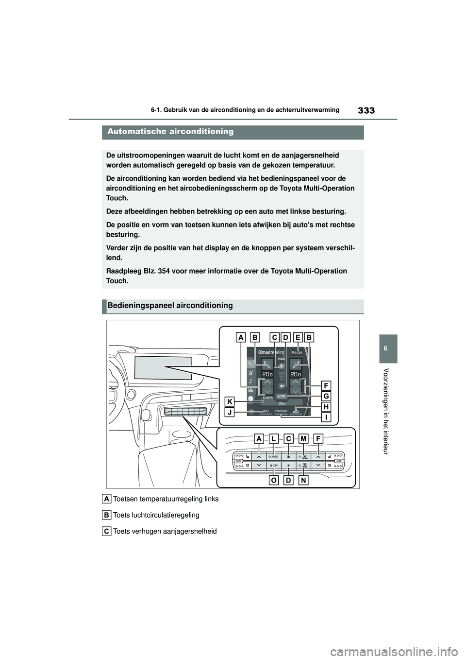 TOYOTA MIRAI 2022 Instructieboekje (in Dutch) 333
6
Handleiding_Europa_M62060_nl
6-1. Gebruik van de airconditioning en de achterruitverwarming
Voorzieningen in het interieur
Toetsen temperatuurregeling links
Toets luchtcirculatieregeling
Toets v TOYOTA MIRAI 2022 Instructieboekje (in Dutch) 333
6
Handleiding_Europa_M62060_nl
6-1. Gebruik van de airconditioning en de achterruitverwarming
Voorzieningen in het interieur
Toetsen temperatuurregeling links
Toets luchtcirculatieregeling
Toets v
