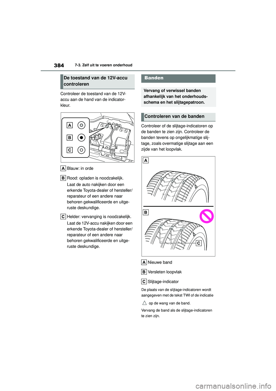 TOYOTA MIRAI 2022  Instructieboekje (in Dutch) 384
Handleiding_Europa_M62060_nl
7-3. Zelf uit te voeren onderhoud
Controleer de toestand van de 12V-
accu aan de hand van de indicator-
kleur.Blauw: in orde
Rood: opladen is noodzakelijk.
Laat de aut