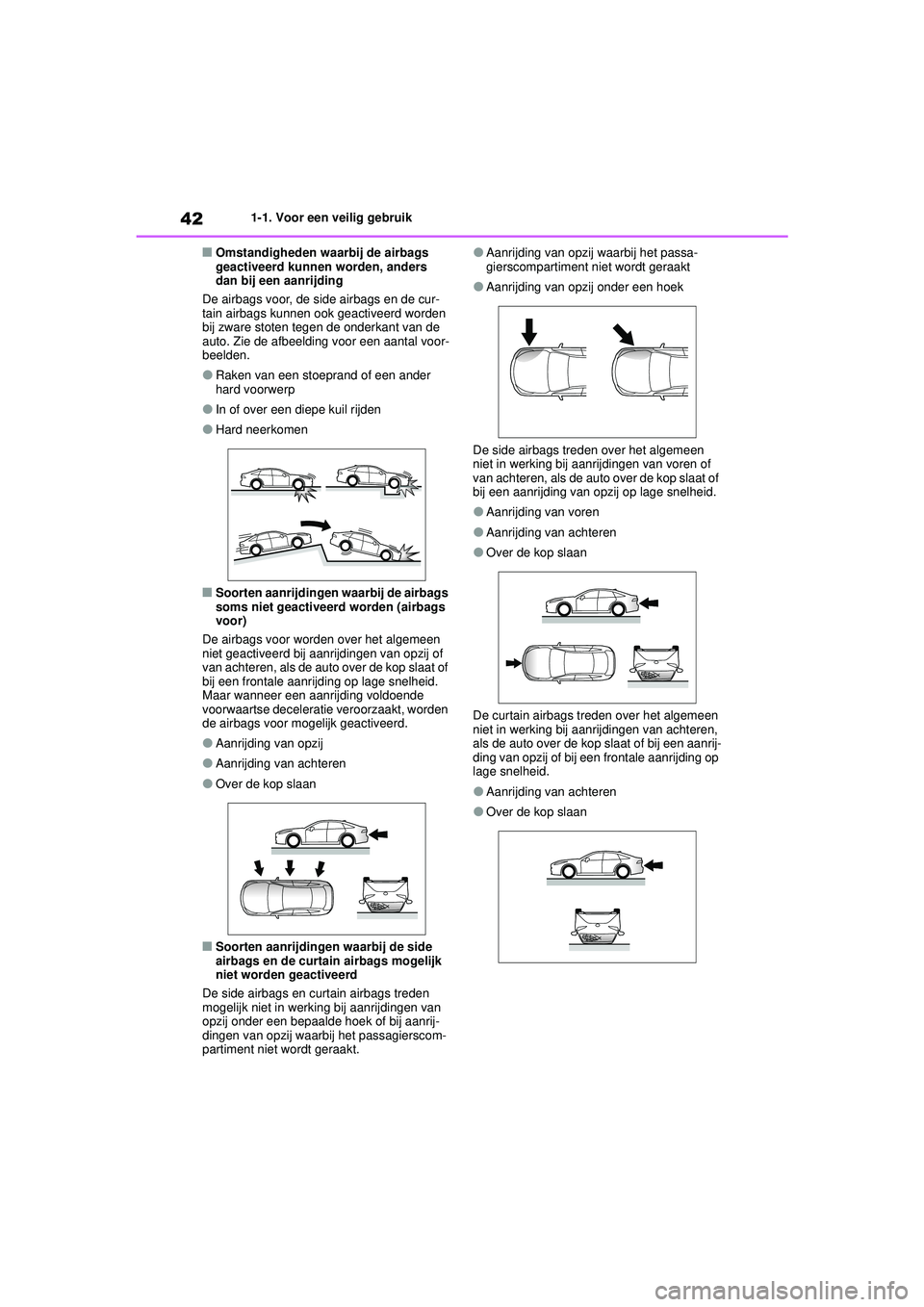TOYOTA MIRAI 2022  Instructieboekje (in Dutch) 42
Handleiding_Europa_M62060_nl
1-1. Voor een veilig gebruik
■Omstandigheden waarbij de airbags 
geactiveerd kunnen worden, anders 
dan bij een aanrijding
De airbags voor, de side airbags en de cur-