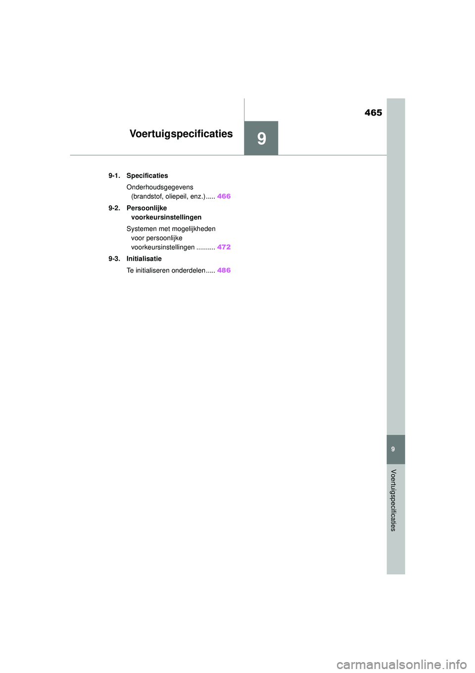TOYOTA MIRAI 2022 Instructieboekje (in Dutch) 9
465
Handleiding_Europa_M62060_nl
9
Voertuigspecificaties
Voertuigspecificaties
9-1. SpecificatiesOnderhoudsgegevens (brandstof, oliepeil, enz.) ..... 466
9-2. Persoonlijke voorkeursinstellingen
Sys TOYOTA MIRAI 2022 Instructieboekje (in Dutch) 9
465
Handleiding_Europa_M62060_nl
9
Voertuigspecificaties
Voertuigspecificaties
9-1. SpecificatiesOnderhoudsgegevens (brandstof, oliepeil, enz.) ..... 466
9-2. Persoonlijke voorkeursinstellingen
Sys