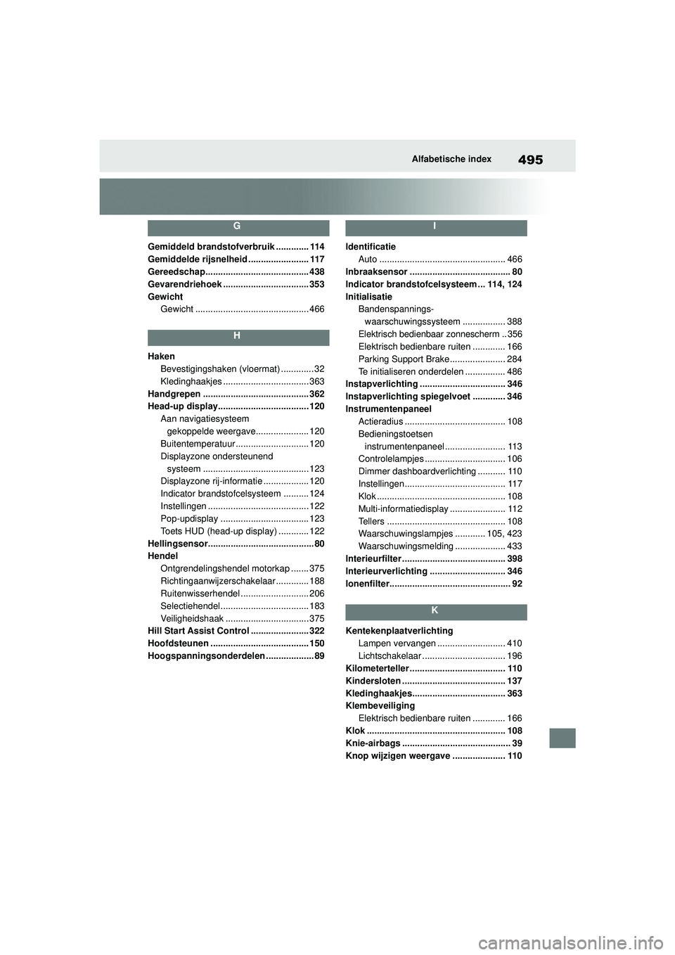 TOYOTA MIRAI 2022 Instructieboekje (in Dutch) 495
Handleiding_Europa_M62060_nl
Alfabetische index
G
Gemiddeld brandstofverbruik ............. 114
Gemiddelde rijsnelheid ........................ 117
Gereedschap..................................... TOYOTA MIRAI 2022 Instructieboekje (in Dutch) 495
Handleiding_Europa_M62060_nl
Alfabetische index
G
Gemiddeld brandstofverbruik ............. 114
Gemiddelde rijsnelheid ........................ 117
Gereedschap.....................................