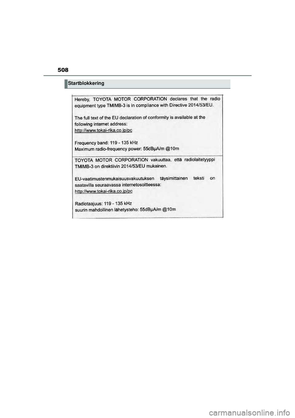 TOYOTA MIRAI 2022 Instructieboekje (in Dutch) 508
Handleiding_Europa_M62060_nl
Startblokkering
MIRAI_OM_Europe_OM62060E.book Page 508 Thursday, July 15, 2021 1:59 PM TOYOTA MIRAI 2022 Instructieboekje (in Dutch) 508
Handleiding_Europa_M62060_nl
Startblokkering
MIRAI_OM_Europe_OM62060E.book Page 508 Thursday, July 15, 2021 1:59 PM