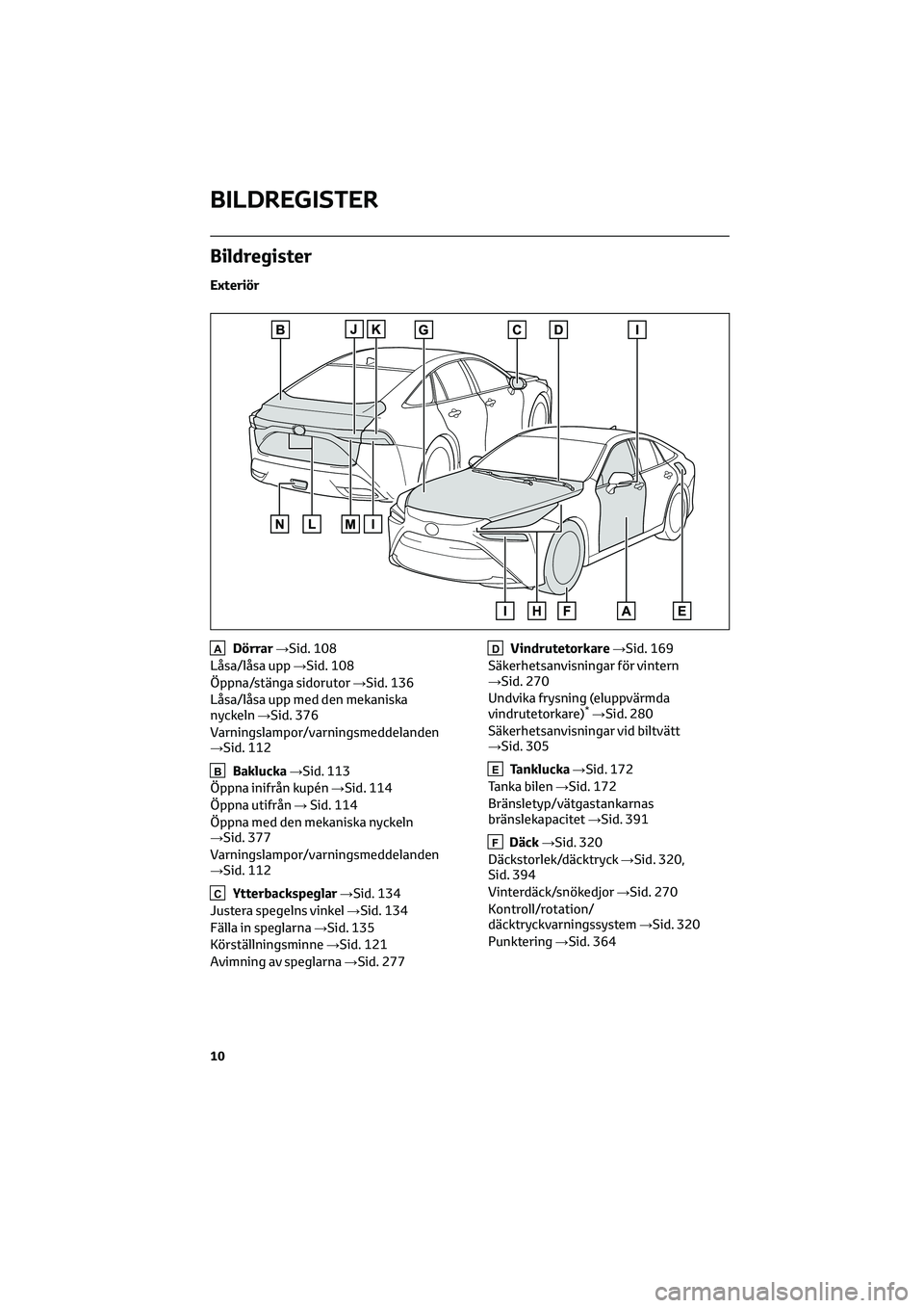 TOYOTA MIRAI 2022  Bruksanvisningar (in Swedish) Bildregister
Exteriör
ADörrar→Sid. 108
Låsa/låsa upp→Sid. 108
Öppna/stänga sidorutor→Sid. 136
Låsa/låsa upp med den mekaniska
nyckeln→Sid. 376
Varningslampor/varningsmeddelanden
→Sid
