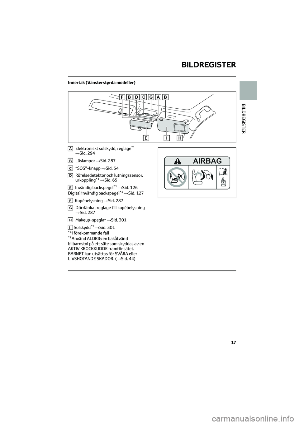 TOYOTA MIRAI 2022  Bruksanvisningar (in Swedish) Innertak (Vänsterstyrda modeller)
AElektroniskt solskydd, reglage*1
→Sid. 294
BLäslampor→Sid. 287
C“SOS”-knapp →Sid. 54
DRörelsedetektor och lutningssensor,
urkoppling*1→Sid. 65
EInvän