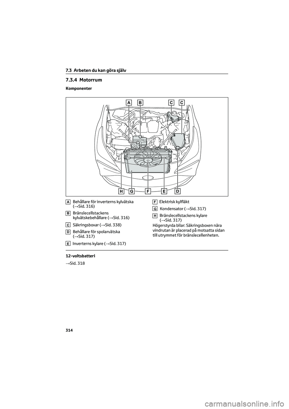 TOYOTA MIRAI 2022 Bruksanvisningar (in Swedish) 7.3.4 Motorrum
Komponenter
ABehållare för inverterns kylvätska
(→Sid. 316)
BBränslecellstackens
kylvätskebehållare (→Sid. 316)
CSäkringsboxar (→Sid. 338)
DBehållare för spolarvätska
( TOYOTA MIRAI 2022 Bruksanvisningar (in Swedish) 7.3.4 Motorrum
Komponenter
ABehållare för inverterns kylvätska
(→Sid. 316)
BBränslecellstackens
kylvätskebehållare (→Sid. 316)
CSäkringsboxar (→Sid. 338)
DBehållare för spolarvätska
(