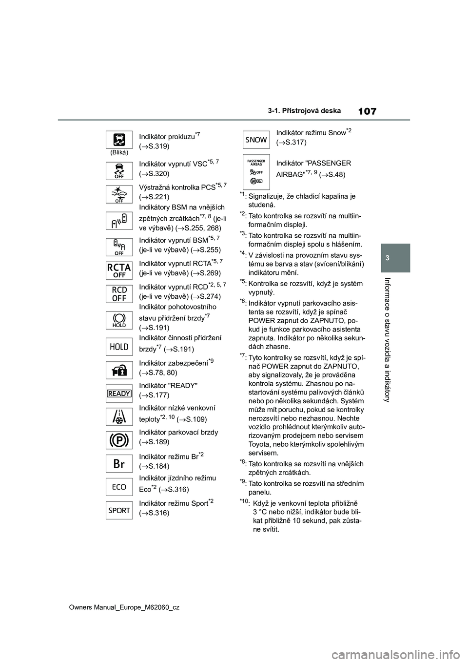 TOYOTA MIRAI 2022 Návod na použití (in Czech) 107
3
Owners Manual_Europe_M62060_cz
3-1. Přístrojová deska
Informace o stavu vozidla a indikátory
*1: Signalizuje, že chladicí kapalina je
studená.
*2: Tato kontrolka se r ozsvítí na multi TOYOTA MIRAI 2022 Návod na použití (in Czech) 107
3
Owners Manual_Europe_M62060_cz
3-1. Přístrojová deska
Informace o stavu vozidla a indikátory
*1: Signalizuje, že chladicí kapalina je
studená.
*2: Tato kontrolka se r ozsvítí na multi