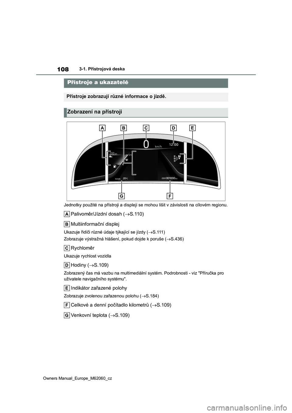 TOYOTA MIRAI 2022 Návod na použití (in Czech) 108
Owners Manual_Europe_M62060_cz
3-1. Přístrojová deska
Jednotky použité na přístroji a di spleji se mohou lišit v závislosti na cílovém regionu.
Palivoměr/Jízdní dosah (S.110)
Mu TOYOTA MIRAI 2022 Návod na použití (in Czech) 108
Owners Manual_Europe_M62060_cz
3-1. Přístrojová deska
Jednotky použité na přístroji a di spleji se mohou lišit v závislosti na cílovém regionu.
Palivoměr/Jízdní dosah (S.110)
Mu