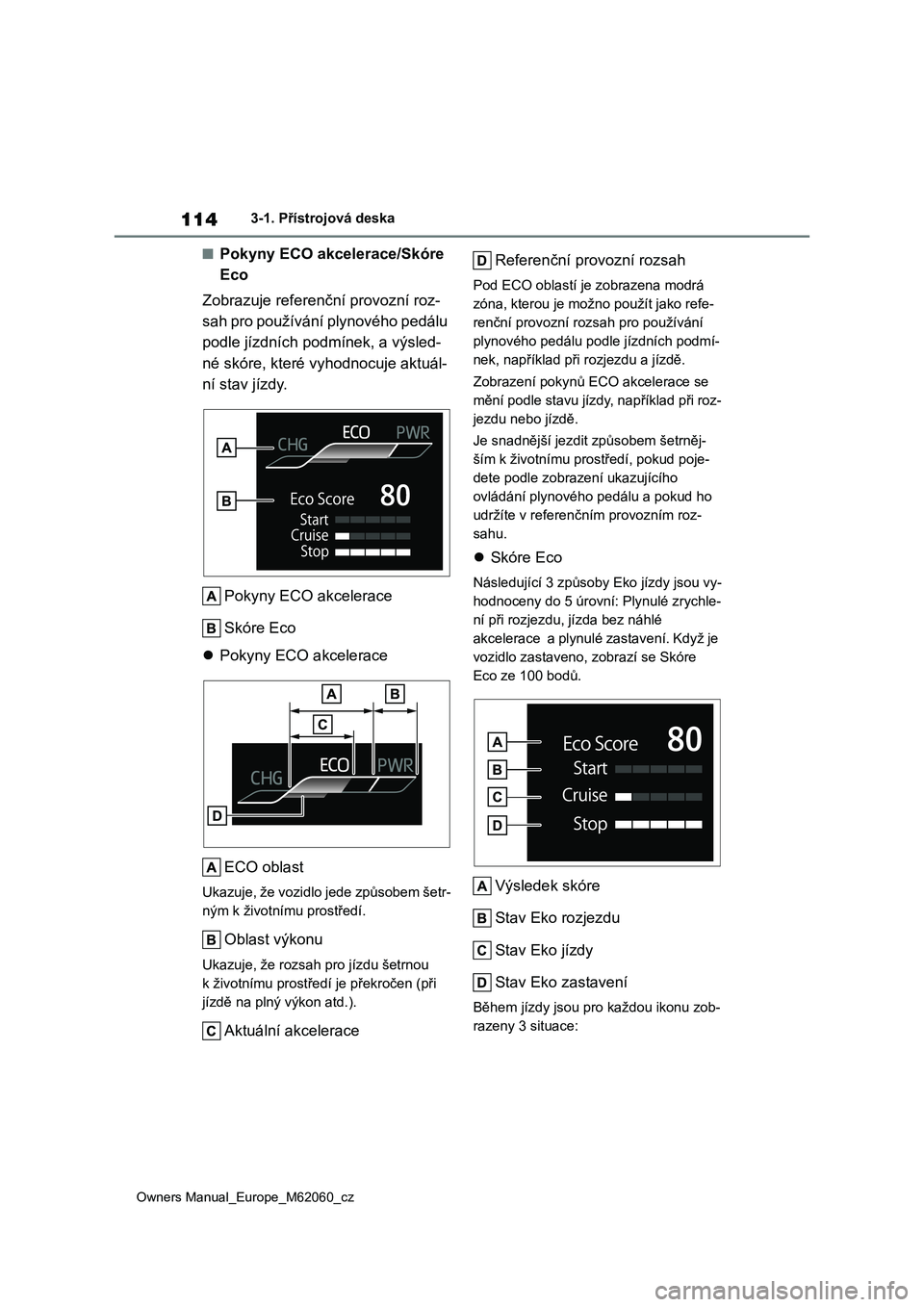 TOYOTA MIRAI 2022 Návod na použití (in Czech) 114
Owners Manual_Europe_M62060_cz
3-1. Přístrojová deska
■Pokyny ECO akcelerace/Skóre
Eco
Zobrazuje referenční provozní roz-
sah pro používání plynového pedálu
podle jízdních po TOYOTA MIRAI 2022 Návod na použití (in Czech) 114
Owners Manual_Europe_M62060_cz
3-1. Přístrojová deska
■Pokyny ECO akcelerace/Skóre
Eco
Zobrazuje referenční provozní roz-
sah pro používání plynového pedálu
podle jízdních po