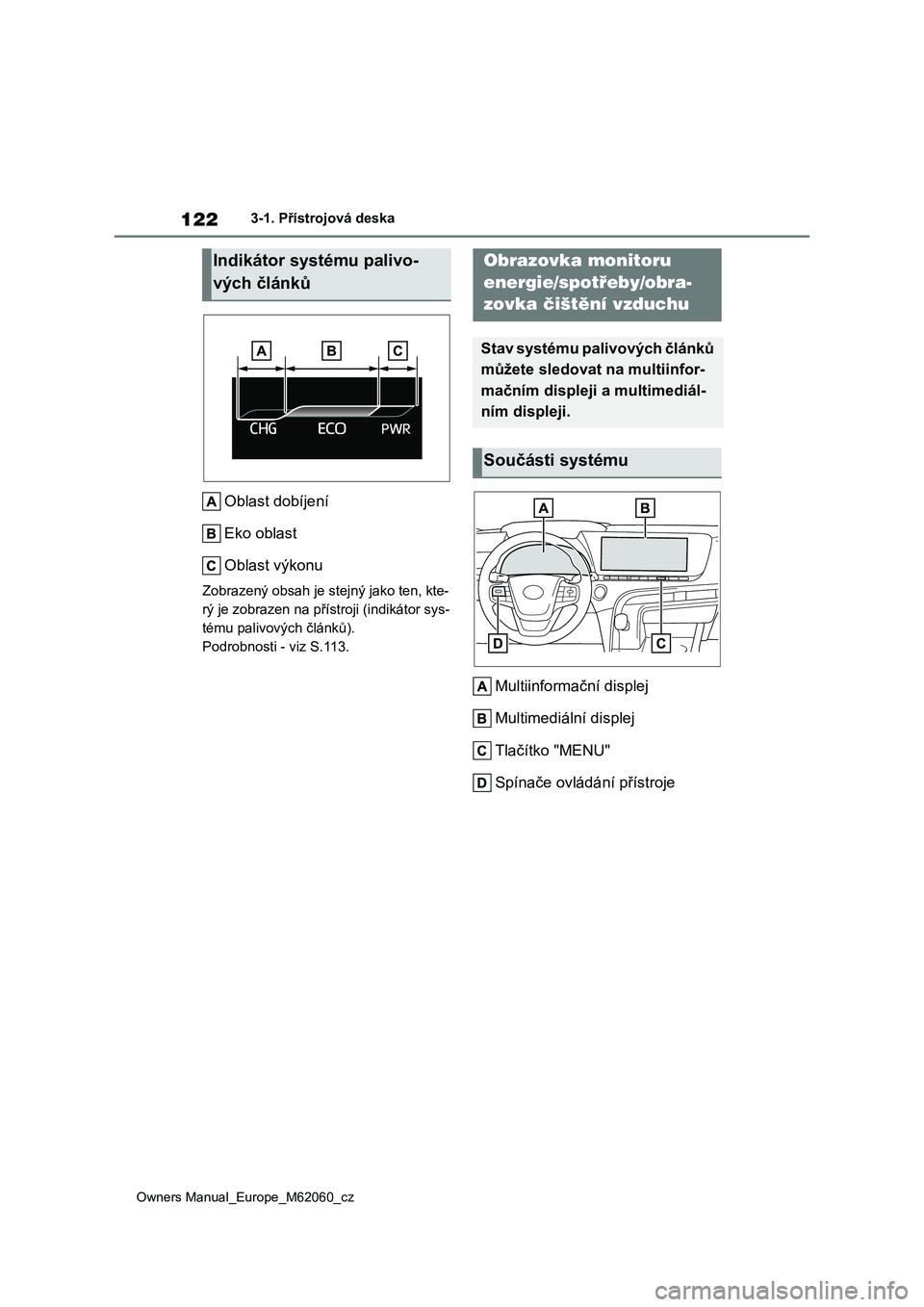 TOYOTA MIRAI 2022 Návod na použití (in Czech) 122
Owners Manual_Europe_M62060_cz
3-1. Přístrojová deska
Oblast dobíjení
Eko oblast
Oblast výkonu
Zobrazený obsah je st ejný jako ten, kte-
rý je zobrazen na přís troji (indikátor sys- TOYOTA MIRAI 2022 Návod na použití (in Czech) 122
Owners Manual_Europe_M62060_cz
3-1. Přístrojová deska
Oblast dobíjení
Eko oblast
Oblast výkonu
Zobrazený obsah je st ejný jako ten, kte-
rý je zobrazen na přís troji (indikátor sys-