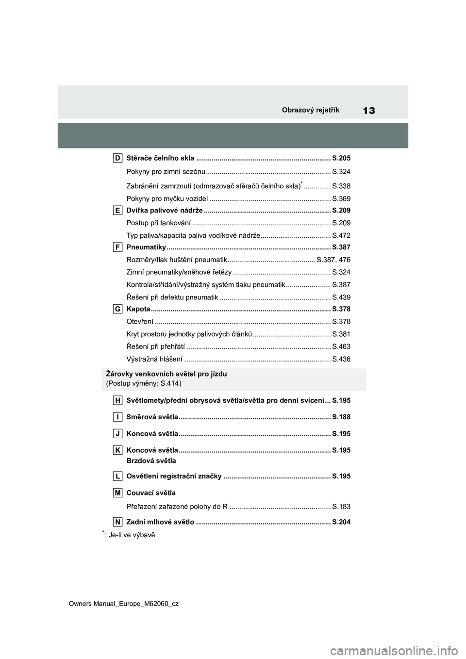TOYOTA MIRAI 2022 Návod na použití (in Czech) 13
Owners Manual_Europe_M62060_cz
Obrazový rejstřík
Stěrače čelního skla ..................................................................... S.205
Pokyny pro zimní sezónu ................. TOYOTA MIRAI 2022 Návod na použití (in Czech) 13
Owners Manual_Europe_M62060_cz
Obrazový rejstřík
Stěrače čelního skla ..................................................................... S.205
Pokyny pro zimní sezónu .................