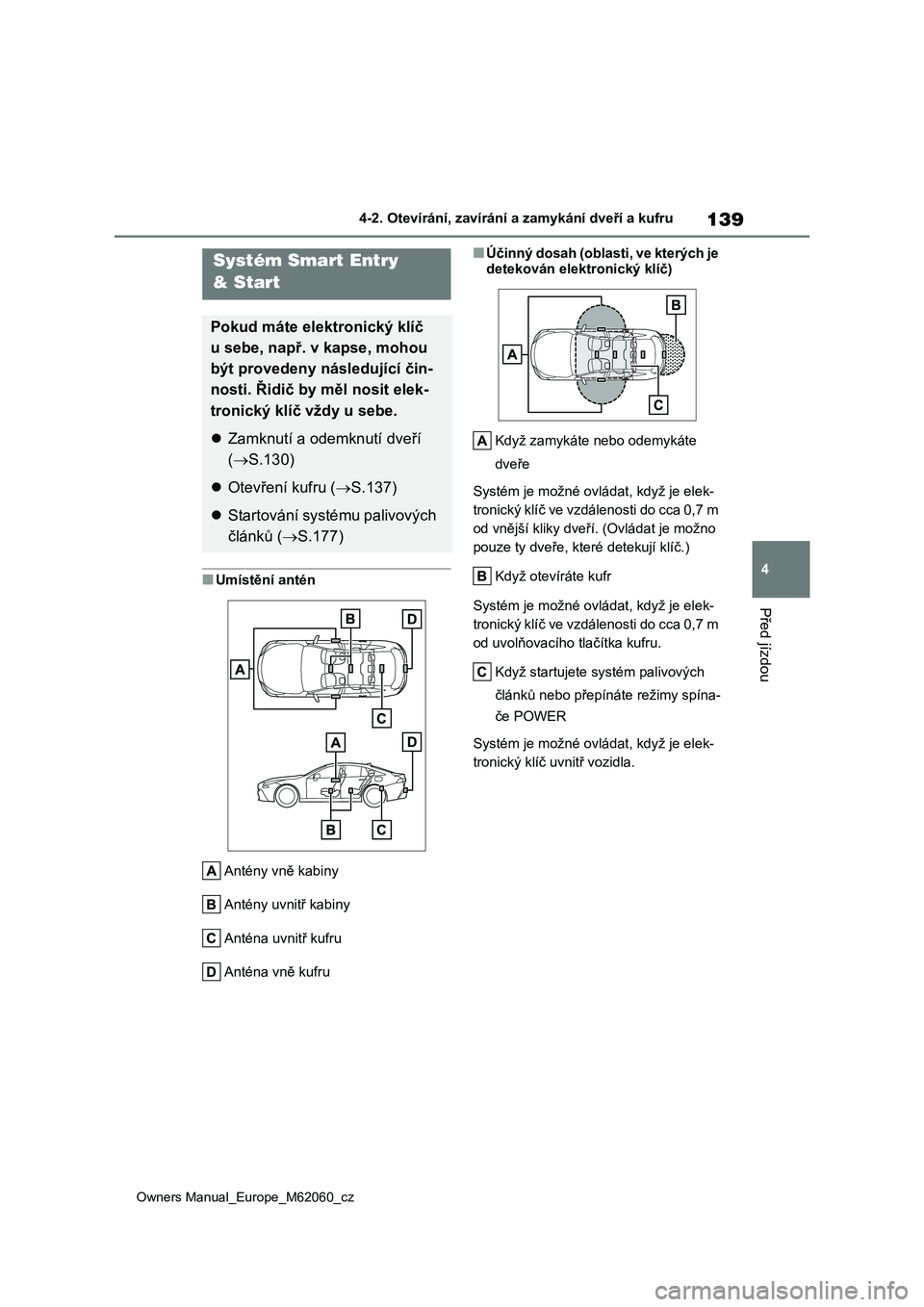 TOYOTA MIRAI 2022 Návod na použití (in Czech) 139
4
Owners Manual_Europe_M62060_cz
4-2. Otevírání, zavírání a zamykání dveří a kufru
Před jízdou
■Umístění antén
Antény vně kabiny
Antény uvnitř kabiny
Anténa uvnitř kufru
TOYOTA MIRAI 2022 Návod na použití (in Czech) 139
4
Owners Manual_Europe_M62060_cz
4-2. Otevírání, zavírání a zamykání dveří a kufru
Před jízdou
■Umístění antén
Antény vně kabiny
Antény uvnitř kabiny
Anténa uvnitř kufru