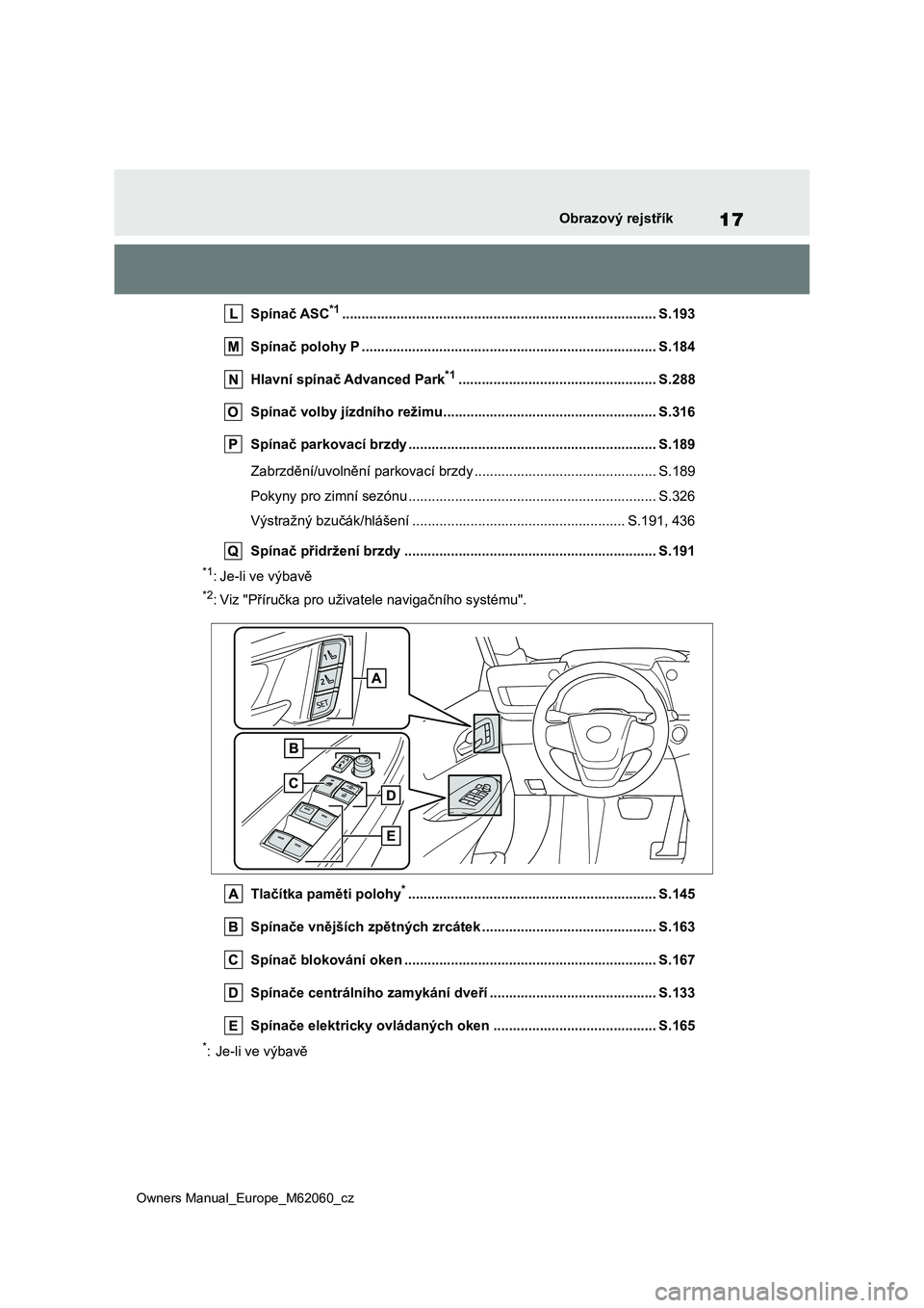 TOYOTA MIRAI 2022 Návod na použití (in Czech) 17
Owners Manual_Europe_M62060_cz
Obrazový rejstřík
Spínač ASC*1................................................................................. S.193
Spínač polohy P ........................ TOYOTA MIRAI 2022 Návod na použití (in Czech) 17
Owners Manual_Europe_M62060_cz
Obrazový rejstřík
Spínač ASC*1................................................................................. S.193
Spínač polohy P ........................