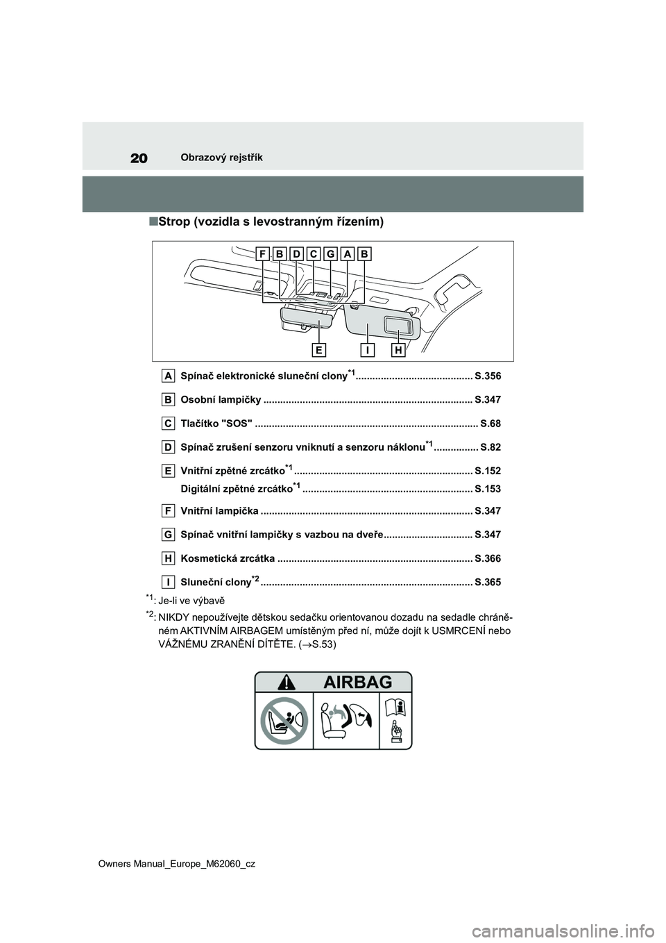TOYOTA MIRAI 2022 Návod na použití (in Czech) 20
Owners Manual_Europe_M62060_cz
Obrazový rejstřík
■Strop (vozidla s levostranným řízením)
Spínač elektronické sluneční clony*1.......................................... S.356
Osobní TOYOTA MIRAI 2022 Návod na použití (in Czech) 20
Owners Manual_Europe_M62060_cz
Obrazový rejstřík
■Strop (vozidla s levostranným řízením)
Spínač elektronické sluneční clony*1.......................................... S.356
Osobní