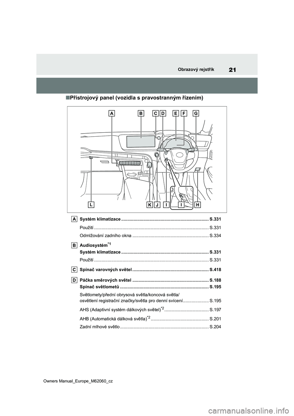 TOYOTA MIRAI 2022 Návod na použití (in Czech) 21
Owners Manual_Europe_M62060_cz
Obrazový rejstřík
■Přístrojový panel (vozidla s pravostranným řízením)
Systém klimatizace ............................................................... TOYOTA MIRAI 2022 Návod na použití (in Czech) 21
Owners Manual_Europe_M62060_cz
Obrazový rejstřík
■Přístrojový panel (vozidla s pravostranným řízením)
Systém klimatizace ...............................................................