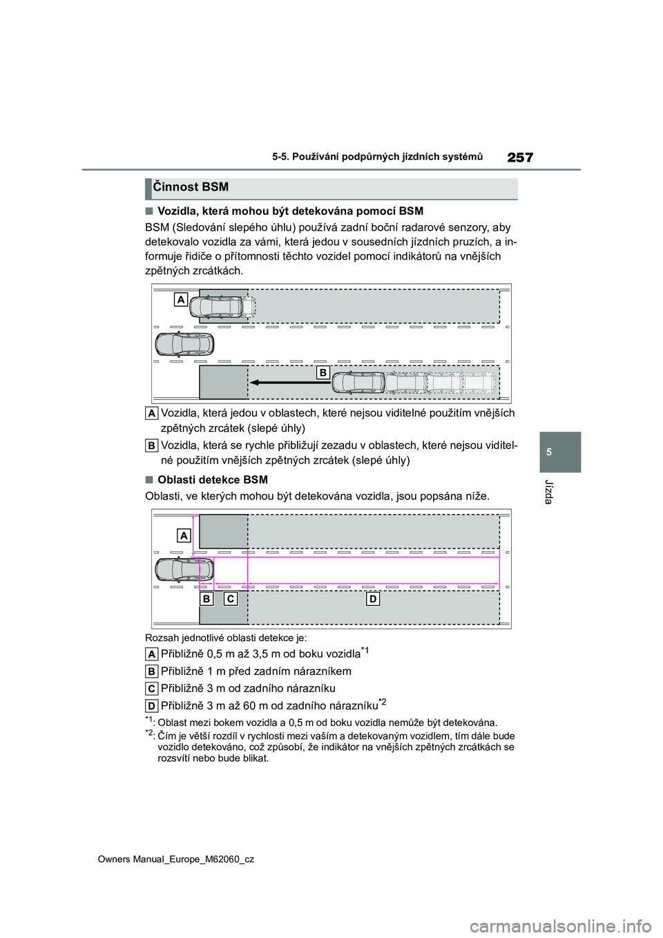 TOYOTA MIRAI 2022 Návod na použití (in Czech) 257
5
Owners Manual_Europe_M62060_cz
5-5. Používání podpůrných jízdních systémů
Jízda
■Vozidla, která mohou být detekována pomocí BSM
BSM (Sledování slepého úhlu) použ ívá zad TOYOTA MIRAI 2022 Návod na použití (in Czech) 257
5
Owners Manual_Europe_M62060_cz
5-5. Používání podpůrných jízdních systémů
Jízda
■Vozidla, která mohou být detekována pomocí BSM
BSM (Sledování slepého úhlu) použ ívá zad