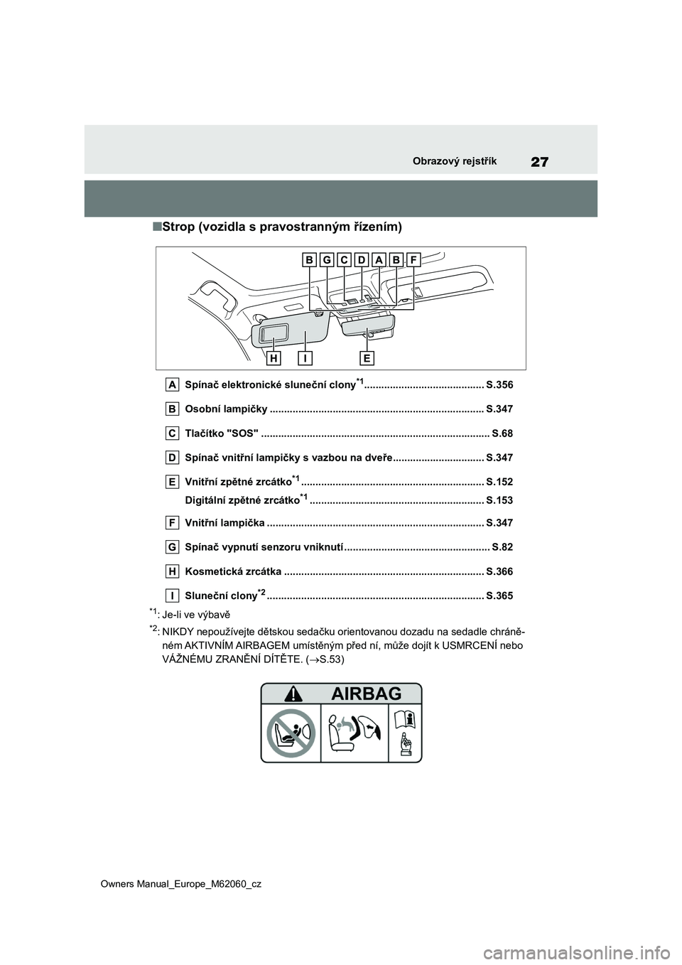 TOYOTA MIRAI 2022 Návod na použití (in Czech) 27
Owners Manual_Europe_M62060_cz
Obrazový rejstřík
■Strop (vozidla s pravostranným řízením)
Spínač elektronické sluneční clony*1.......................................... S.356
Osobní TOYOTA MIRAI 2022 Návod na použití (in Czech) 27
Owners Manual_Europe_M62060_cz
Obrazový rejstřík
■Strop (vozidla s pravostranným řízením)
Spínač elektronické sluneční clony*1.......................................... S.356
Osobní