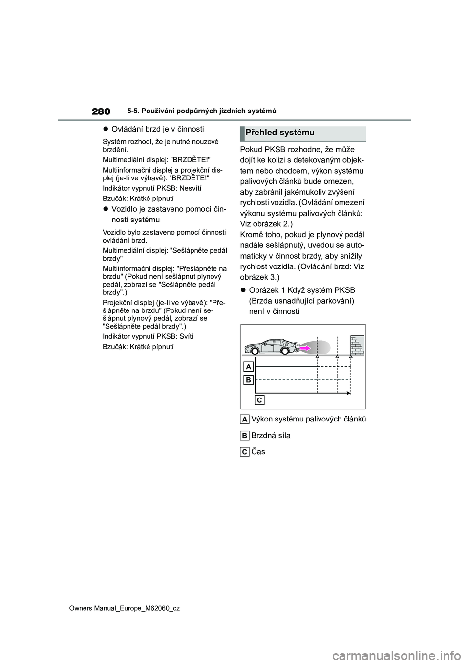 TOYOTA MIRAI 2022  Návod na použití (in Czech) 280
Owners Manual_Europe_M62060_cz
5-5. Používání podpůrných jízdních systémů
Ovládání brzd je v činnosti
Systém rozhodl, že je nutné nouzové  
brzdění. 
Multimediální displej
