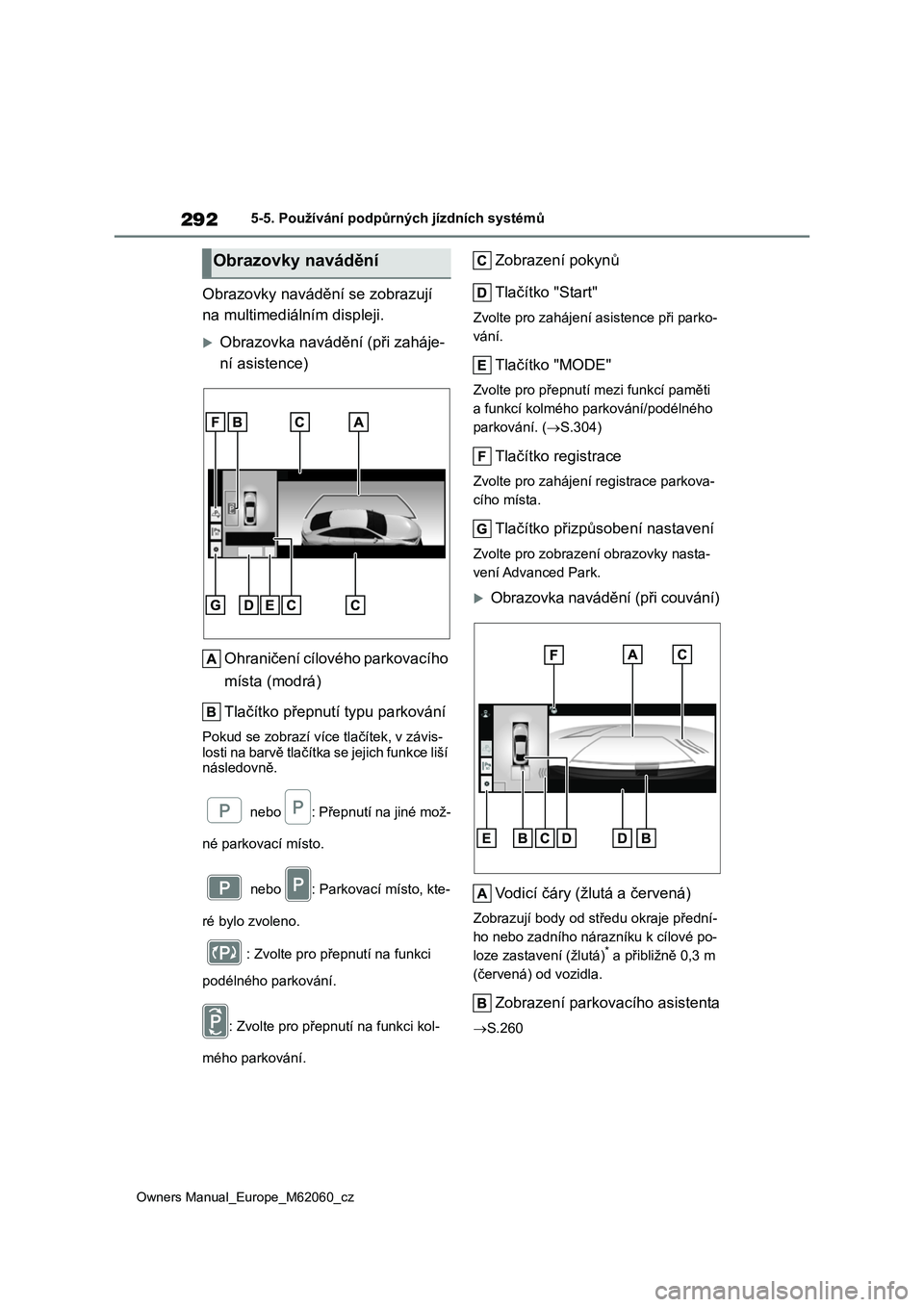 TOYOTA MIRAI 2022  Návod na použití (in Czech) 292
Owners Manual_Europe_M62060_cz
5-5. Používání podpůrných jízdních systémů
Obrazovky navádění se zobrazují  
na multimediálním displeji.
Obrazovka navádění (při zaháje-
ní 