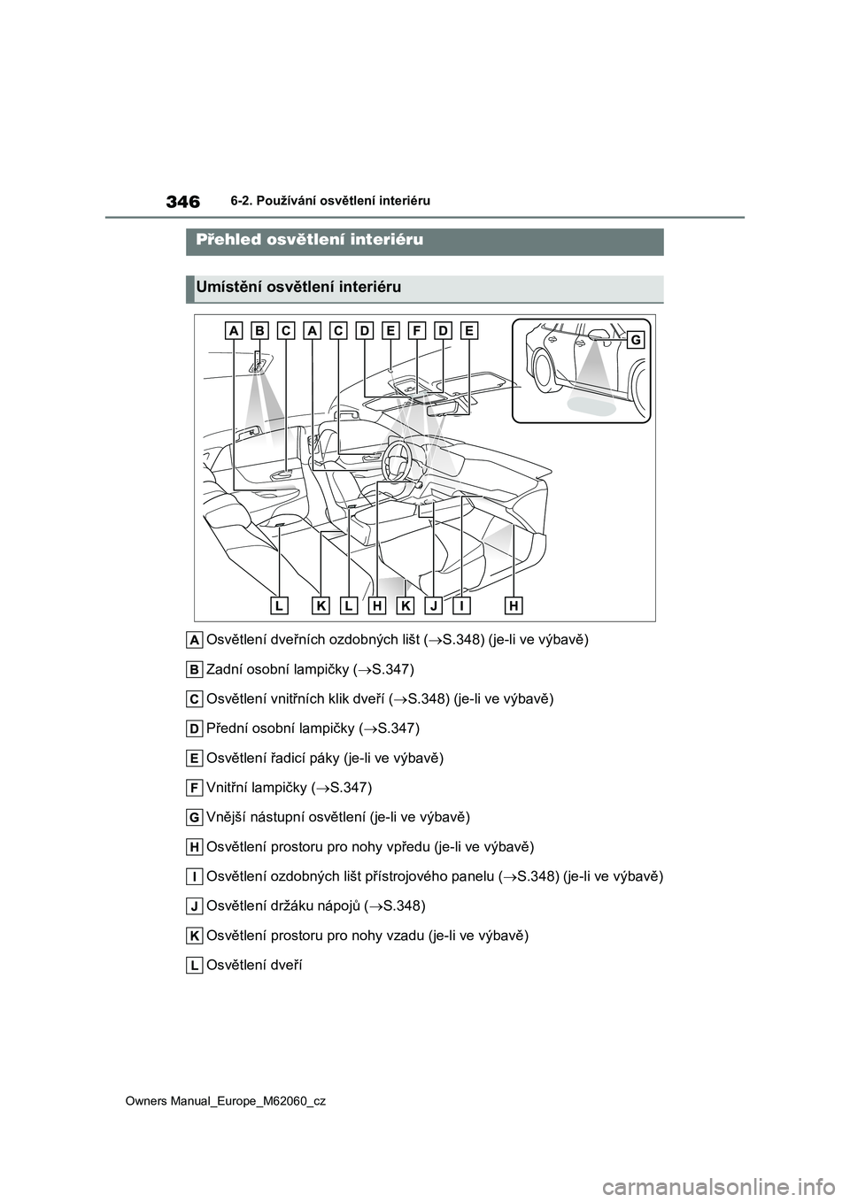 TOYOTA MIRAI 2022 Návod na použití (in Czech) 346
Owners Manual_Europe_M62060_cz
6-2. Používání osvětlení interiéru
6-2.Používání osvětlení interiéru
Osvětlení dveřních ozdobných lišt (S.348) (je-li ve výbavě)
Zadní oso TOYOTA MIRAI 2022 Návod na použití (in Czech) 346
Owners Manual_Europe_M62060_cz
6-2. Používání osvětlení interiéru
6-2.Používání osvětlení interiéru
Osvětlení dveřních ozdobných lišt (S.348) (je-li ve výbavě)
Zadní oso