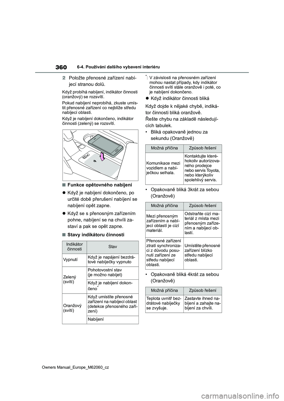 TOYOTA MIRAI 2022  Návod na použití (in Czech) 360
Owners Manual_Europe_M62060_cz
6-4. Používání dalšího vybavení interiéru
2Položte přenosné zařízení nabí- 
jecí stranou dolů.
Když probíhá nabíjení, indikátor činnosti  
(o