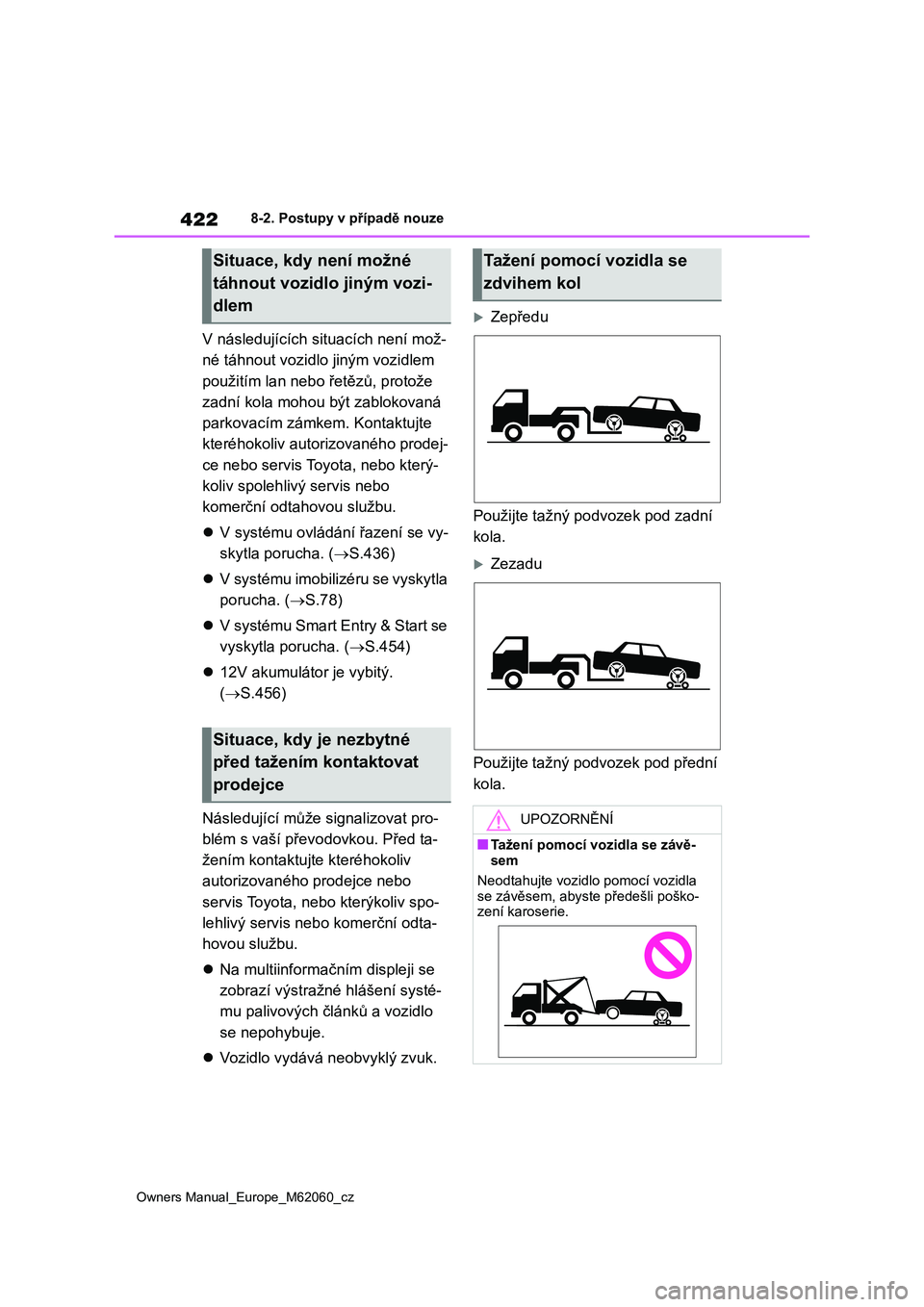 TOYOTA MIRAI 2022  Návod na použití (in Czech) 422
Owners Manual_Europe_M62060_cz
8-2. Postupy v případě nouze
V následujících situacích není mož- 
né táhnout vozidlo jiným vozidlem 
použitím lan nebo řetězů, protože 
zadní kola