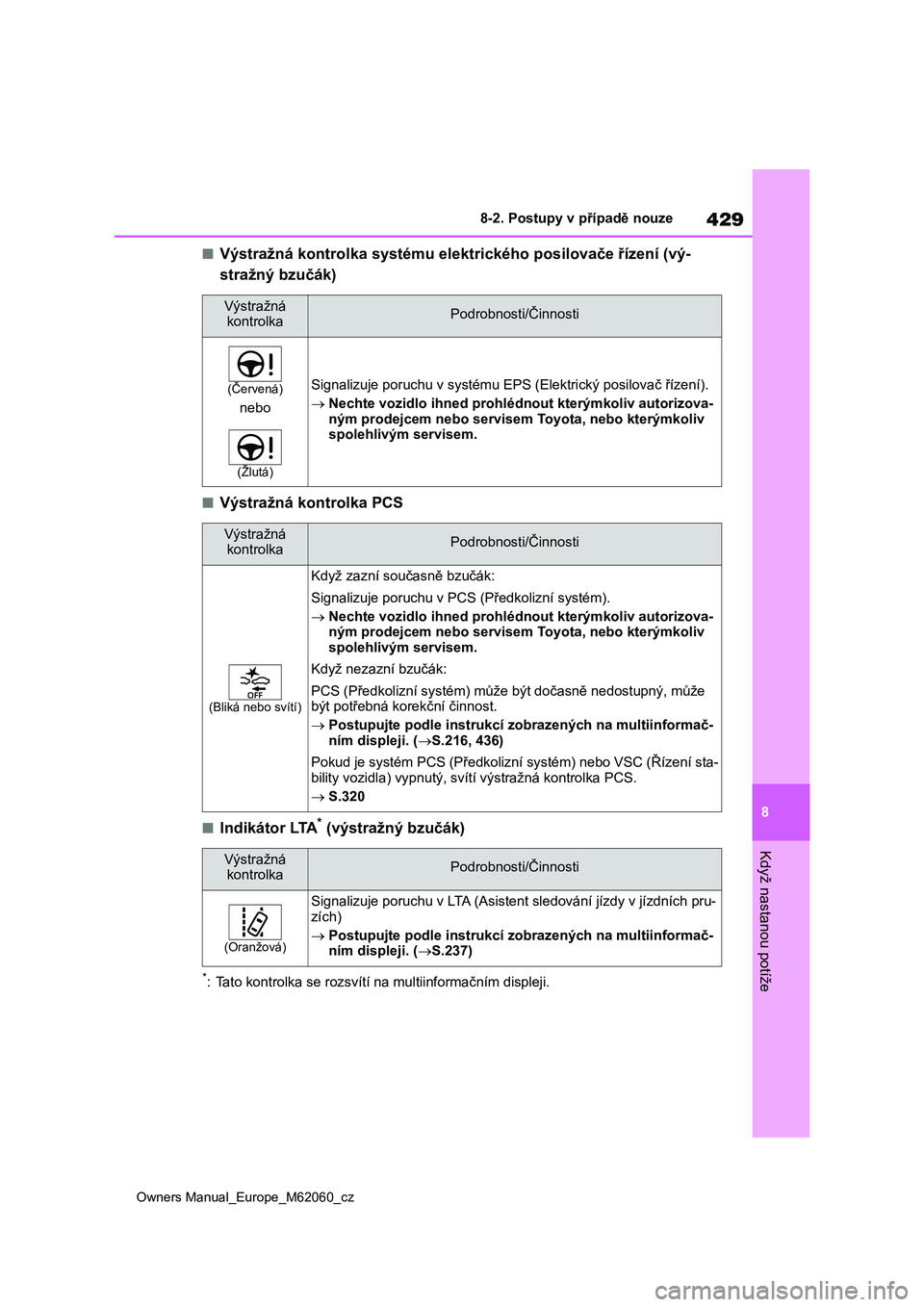 TOYOTA MIRAI 2022  Návod na použití (in Czech) 429
8
Owners Manual_Europe_M62060_cz
8-2. Postupy v případě nouze
Když nastanou potíže
■Výstražná kontrolka systému elektrického posilovače řízení (vý- 
stražný bzučák)
■Výstr
