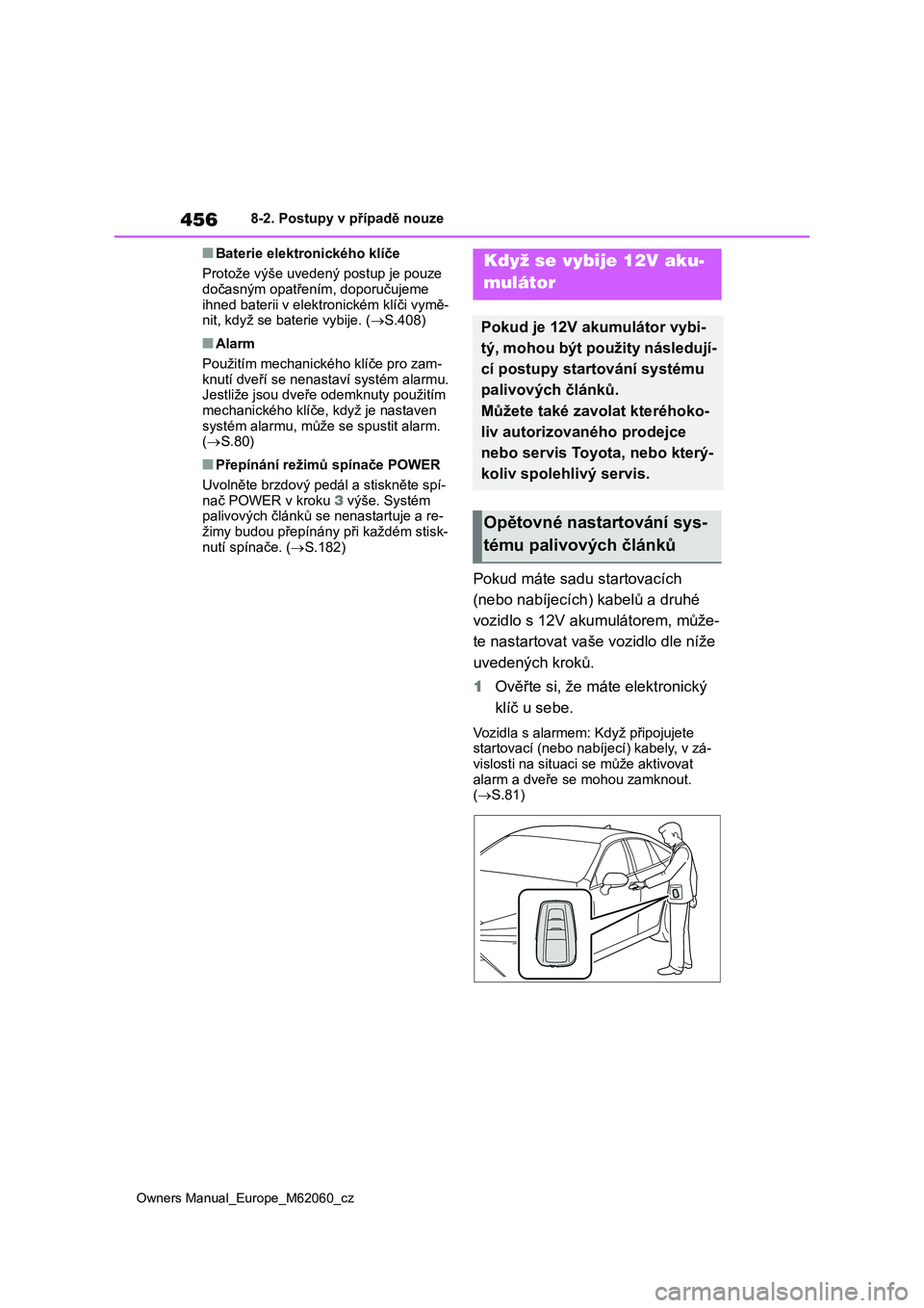 TOYOTA MIRAI 2022 Návod na použití (in Czech) 456
Owners Manual_Europe_M62060_cz
8-2. Postupy v případě nouze
■Baterie elektronického klíče
Protože výše uvedený postup je pouze dočasným opatřením , doporučujeme
ihned baterii TOYOTA MIRAI 2022 Návod na použití (in Czech) 456
Owners Manual_Europe_M62060_cz
8-2. Postupy v případě nouze
■Baterie elektronického klíče
Protože výše uvedený postup je pouze dočasným opatřením , doporučujeme
ihned baterii