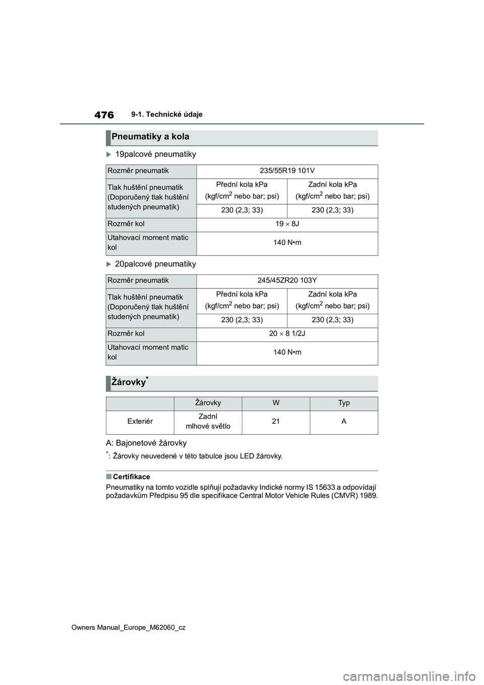 TOYOTA MIRAI 2022  Návod na použití (in Czech) 476
Owners Manual_Europe_M62060_cz
9-1. Technické údaje
19palcové pneumatiky
20palcové pneumatiky
A: Bajonetové žárovky
*: Žárovky neuvedené v této tabulce jsou LED žárovky.
■Cert