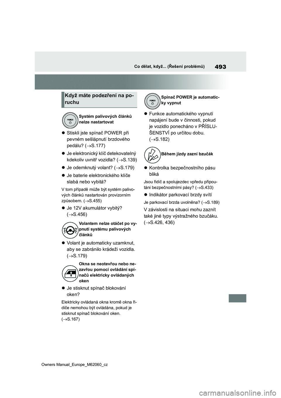 TOYOTA MIRAI 2022  Návod na použití (in Czech) 493
Owners Manual_Europe_M62060_cz
Co dělat, když... (Řešení problémů)
Stiskli jste spínač POWER při  
pevném sešlápnutí brzdového 
pedálu? ( S.177) 
 Je elektronický klíč 