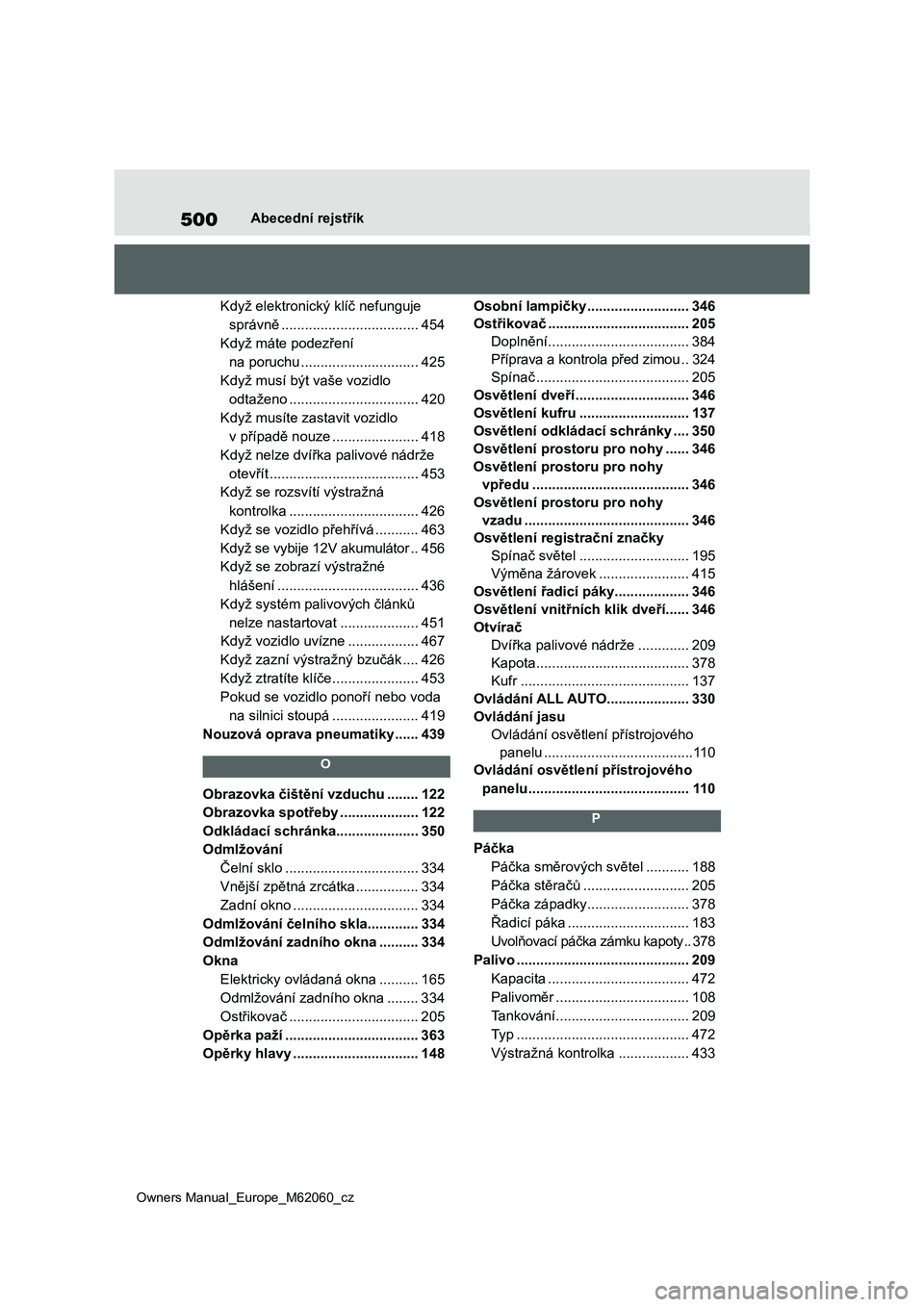 TOYOTA MIRAI 2022  Návod na použití (in Czech) 500
Owners Manual_Europe_M62060_cz
Abecední rejstřík
Když elektronický klíč nefunguje 
správně ...................................454
Když máte podezření  
na poruchu ....................