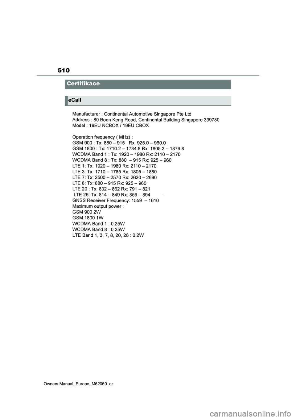TOYOTA MIRAI 2022  Návod na použití (in Czech) 510
Owners Manual_Europe_M62060_cz
Certifikace
eCall 