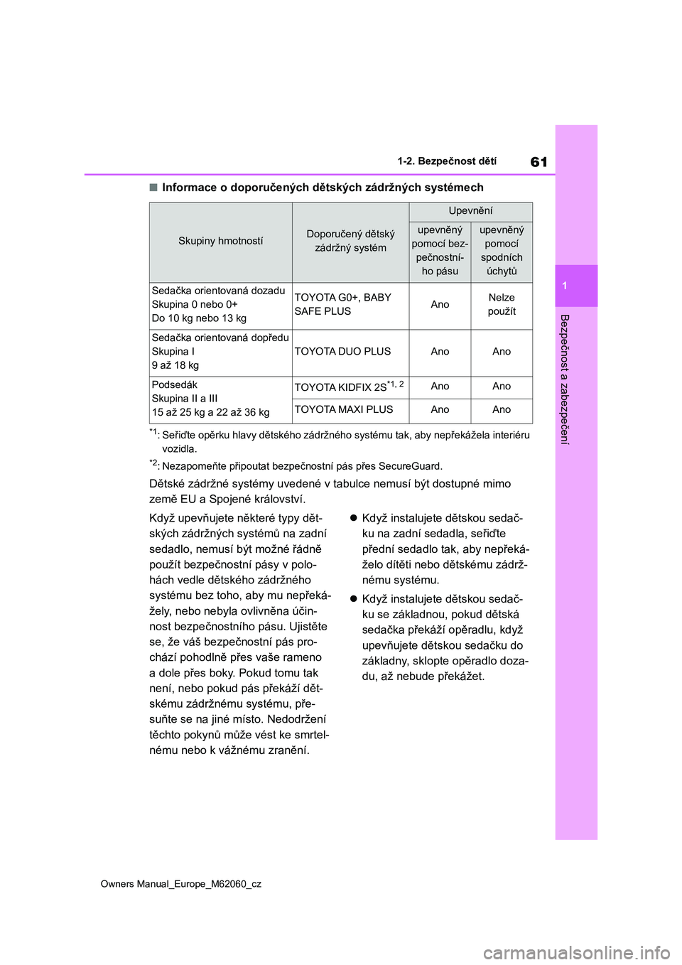 TOYOTA MIRAI 2022 Návod na použití (in Czech) 61
1
Owners Manual_Europe_M62060_cz
1-2. Bezpečnost dětí
Bezpečnost a zabezpečení
■Informace o doporučených dětských zádržných systémech
*1: Seřiďte opěrku hlavy dětského zádržn TOYOTA MIRAI 2022 Návod na použití (in Czech) 61
1
Owners Manual_Europe_M62060_cz
1-2. Bezpečnost dětí
Bezpečnost a zabezpečení
■Informace o doporučených dětských zádržných systémech
*1: Seřiďte opěrku hlavy dětského zádržn