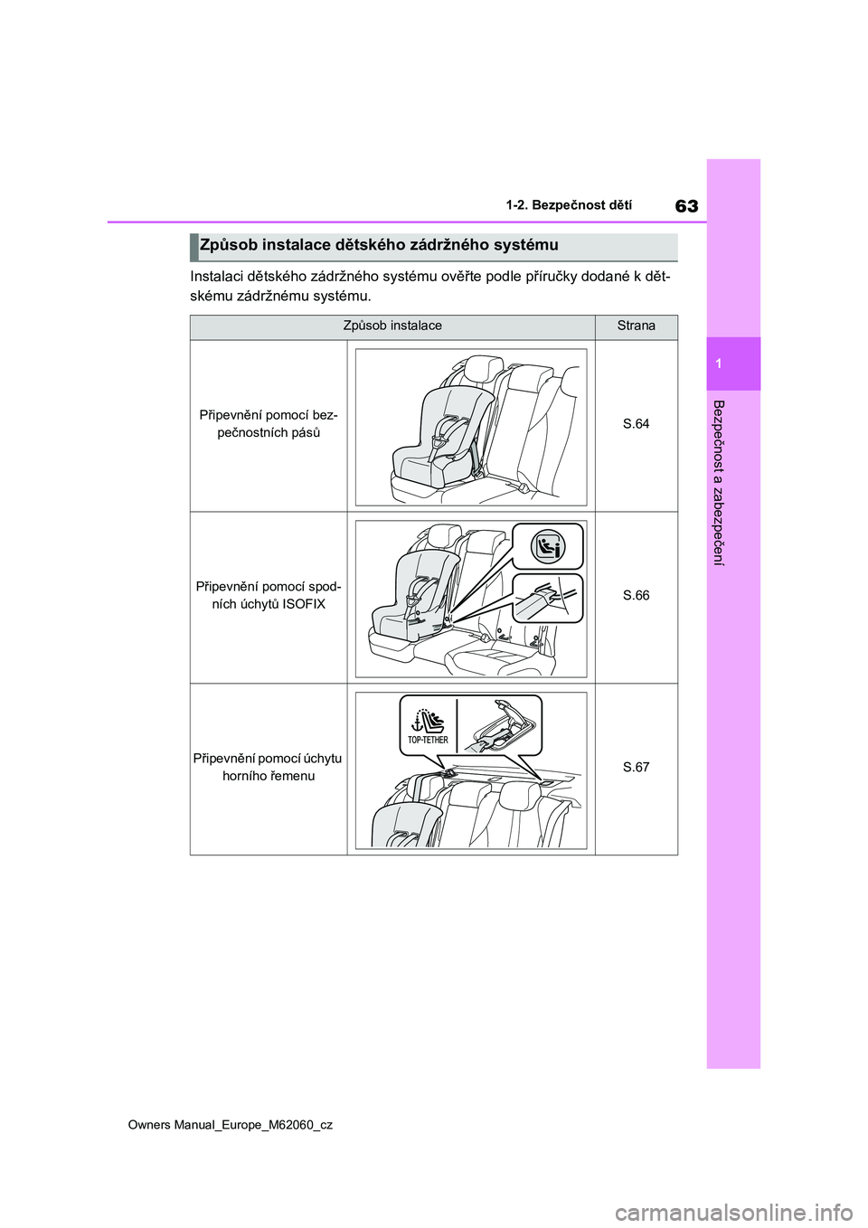 TOYOTA MIRAI 2022 Návod na použití (in Czech) 63
1
Owners Manual_Europe_M62060_cz
1-2. Bezpečnost dětí
Bezpečnost a zabezpečení
Instalaci dětského zádržného systému ověřte podle příručky dodané k dět-
skému zádržnému syst TOYOTA MIRAI 2022 Návod na použití (in Czech) 63
1
Owners Manual_Europe_M62060_cz
1-2. Bezpečnost dětí
Bezpečnost a zabezpečení
Instalaci dětského zádržného systému ověřte podle příručky dodané k dět-
skému zádržnému syst
