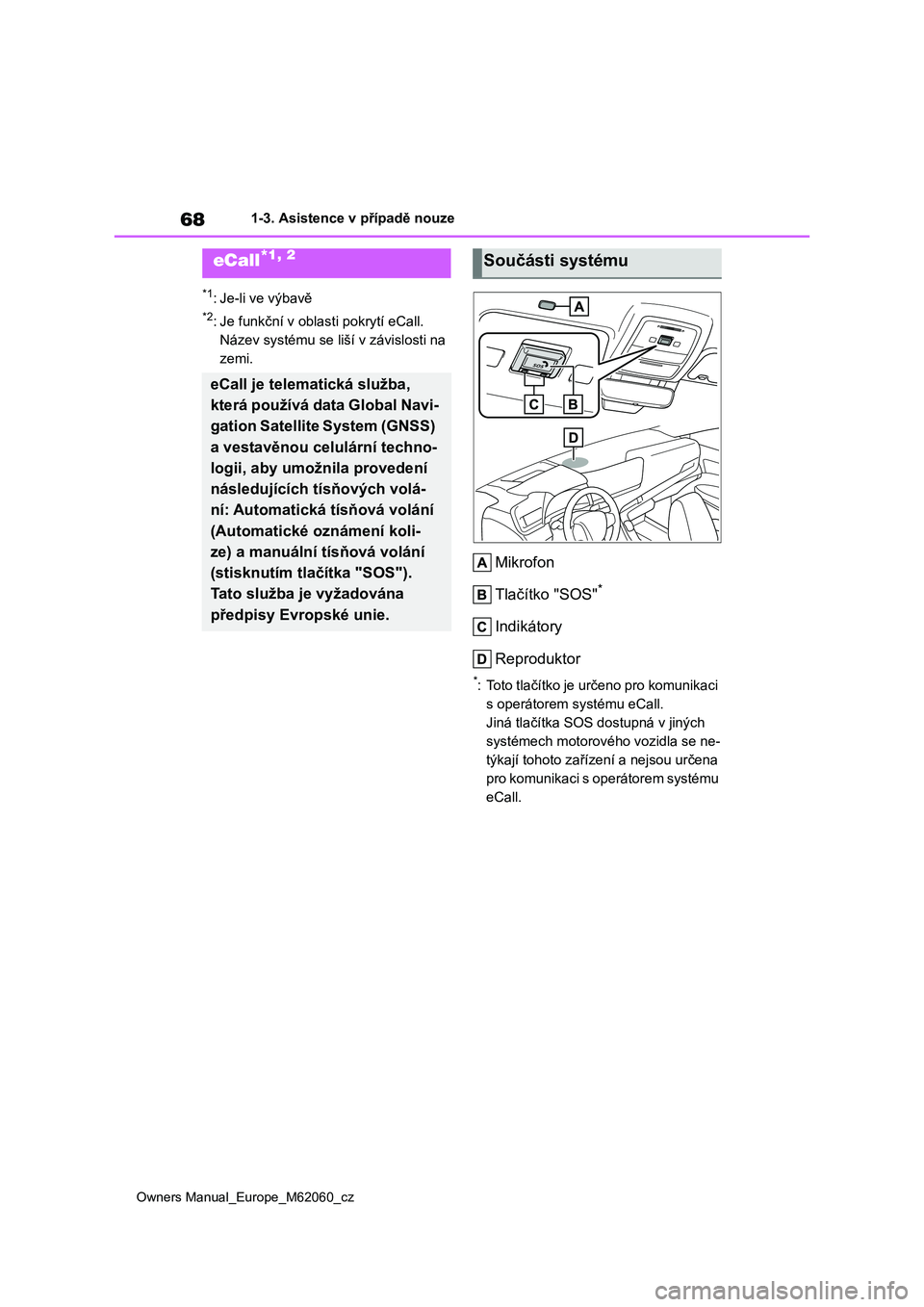 TOYOTA MIRAI 2022 Návod na použití (in Czech) 68
Owners Manual_Europe_M62060_cz
1-3. Asistence v případě nouze
1-3.Asistence v případě nouze
*1: Je-li ve výbavě
*2: Je funkční v oblasti pokrytí eCall.
Název systému se liš í v zá TOYOTA MIRAI 2022 Návod na použití (in Czech) 68
Owners Manual_Europe_M62060_cz
1-3. Asistence v případě nouze
1-3.Asistence v případě nouze
*1: Je-li ve výbavě
*2: Je funkční v oblasti pokrytí eCall.
Název systému se liš í v zá