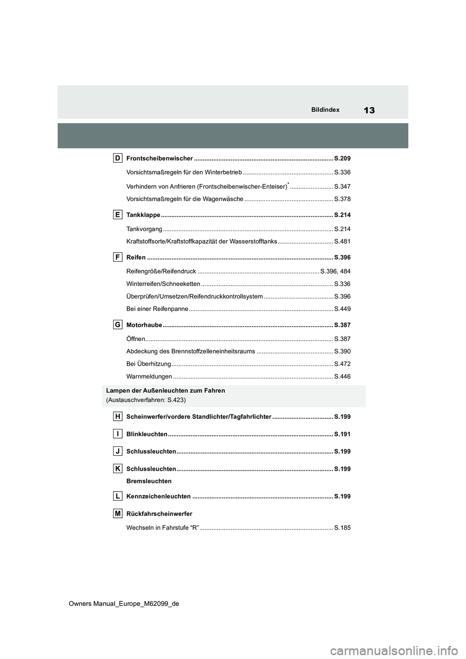TOYOTA MIRAI 2021  Betriebsanleitungen (in German) 13
Owners Manual_Europe_M62099_de
Bildindex
Frontscheibenwischer ................................................................................ S.209 
Vorsichtsmaßregeln für den Winterbetrieb ....