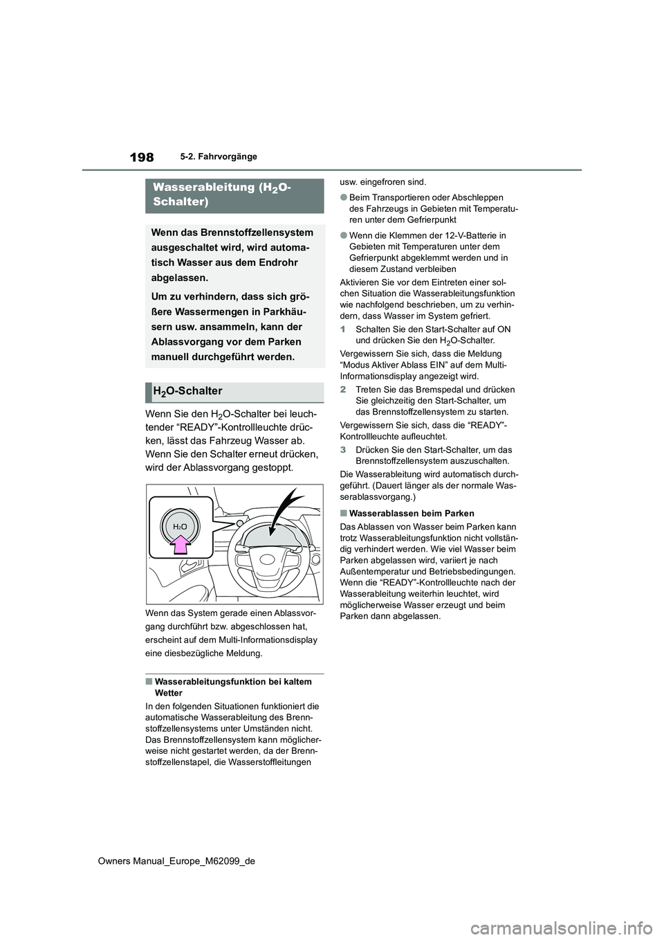 TOYOTA MIRAI 2021 Betriebsanleitungen (in German) 198
Owners Manual_Europe_M62099_de
5-2. Fahrvorgänge
Wenn Sie den H2O-Schalter bei leuch-
tender “READY”-Kontrollleuchte drüc-
ken, lässt das Fahrzeug Wasser ab.
Wenn Sie den Schalter erneut d TOYOTA MIRAI 2021 Betriebsanleitungen (in German) 198
Owners Manual_Europe_M62099_de
5-2. Fahrvorgänge
Wenn Sie den H2O-Schalter bei leuch-
tender “READY”-Kontrollleuchte drüc-
ken, lässt das Fahrzeug Wasser ab.
Wenn Sie den Schalter erneut d
