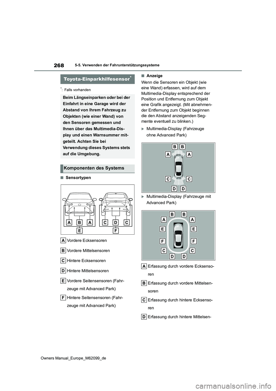 TOYOTA MIRAI 2021 Betriebsanleitungen (in German) 268
Owners Manual_Europe_M62099_de
5-5. Verwenden der Fahrunterstützungssysteme
*: Falls vorhanden
■Sensortypen
Vordere Ecksensoren
Vordere Mittelsensoren
Hintere Ecksensoren
Hintere Mittelsensor TOYOTA MIRAI 2021 Betriebsanleitungen (in German) 268
Owners Manual_Europe_M62099_de
5-5. Verwenden der Fahrunterstützungssysteme
*: Falls vorhanden
■Sensortypen
Vordere Ecksensoren
Vordere Mittelsensoren
Hintere Ecksensoren
Hintere Mittelsensor
