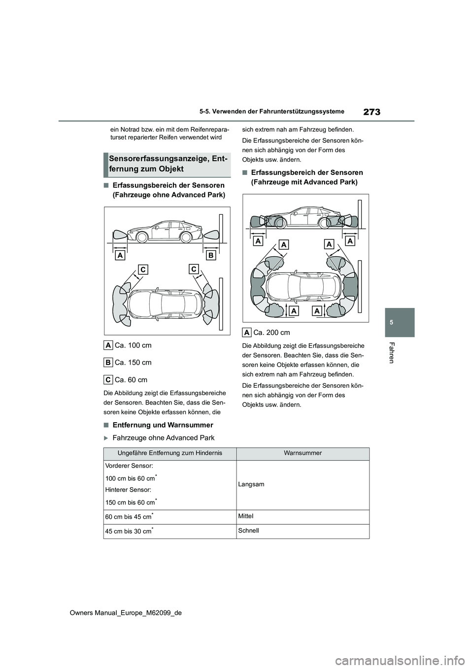 TOYOTA MIRAI 2021 Betriebsanleitungen (in German) 273
5
Owners Manual_Europe_M62099_de
5-5. Verwenden der Fahrunterstützungssysteme
Fahren
ein Notrad bzw. ein mit dem Reifenrepara- turset reparierter Reifen verwendet wird
■Erfassungsbereich der Se TOYOTA MIRAI 2021 Betriebsanleitungen (in German) 273
5
Owners Manual_Europe_M62099_de
5-5. Verwenden der Fahrunterstützungssysteme
Fahren
ein Notrad bzw. ein mit dem Reifenrepara- turset reparierter Reifen verwendet wird
■Erfassungsbereich der Se