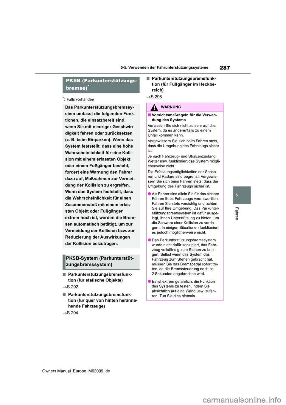 TOYOTA MIRAI 2021 Betriebsanleitungen (in German) 287
5
Owners Manual_Europe_M62099_de
5-5. Verwenden der Fahrunterstützungssysteme
Fahren
*: Falls vorhanden
■Parkunterstützungsbremsfunk-
tion (für statische Objekte)
S.292
■Parkunterstü TOYOTA MIRAI 2021 Betriebsanleitungen (in German) 287
5
Owners Manual_Europe_M62099_de
5-5. Verwenden der Fahrunterstützungssysteme
Fahren
*: Falls vorhanden
■Parkunterstützungsbremsfunk-
tion (für statische Objekte)
S.292
■Parkunterstü