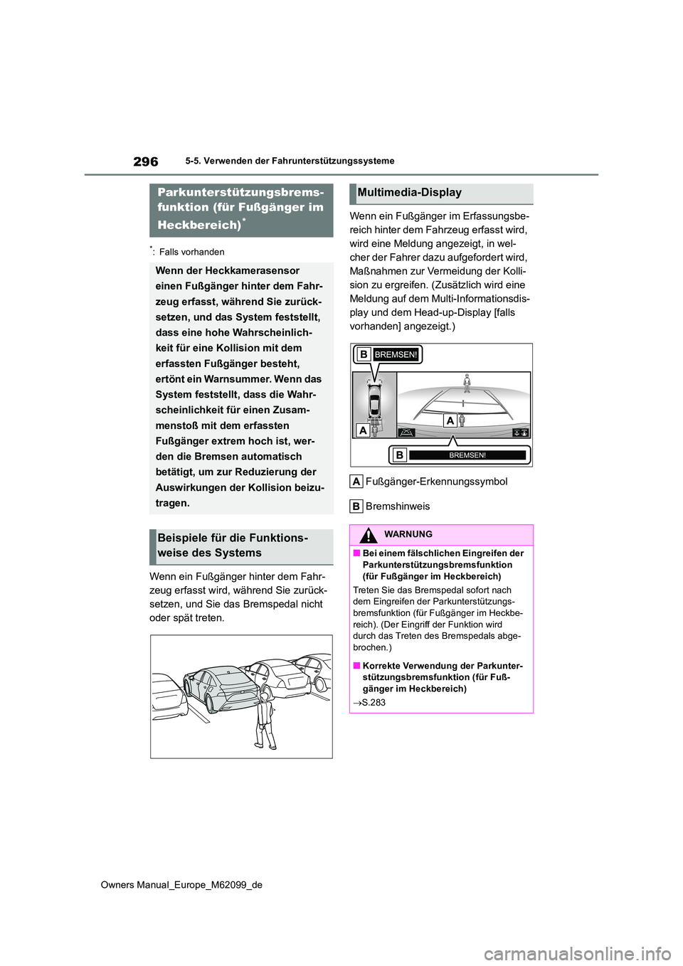 TOYOTA MIRAI 2021 Betriebsanleitungen (in German) 296
Owners Manual_Europe_M62099_de
5-5. Verwenden der Fahrunterstützungssysteme
*: Falls vorhanden
Wenn ein Fußgänger hinter dem Fahr-
zeug erfasst wird, während Sie zurück-
setzen, und Sie das TOYOTA MIRAI 2021 Betriebsanleitungen (in German) 296
Owners Manual_Europe_M62099_de
5-5. Verwenden der Fahrunterstützungssysteme
*: Falls vorhanden
Wenn ein Fußgänger hinter dem Fahr-
zeug erfasst wird, während Sie zurück-
setzen, und Sie das