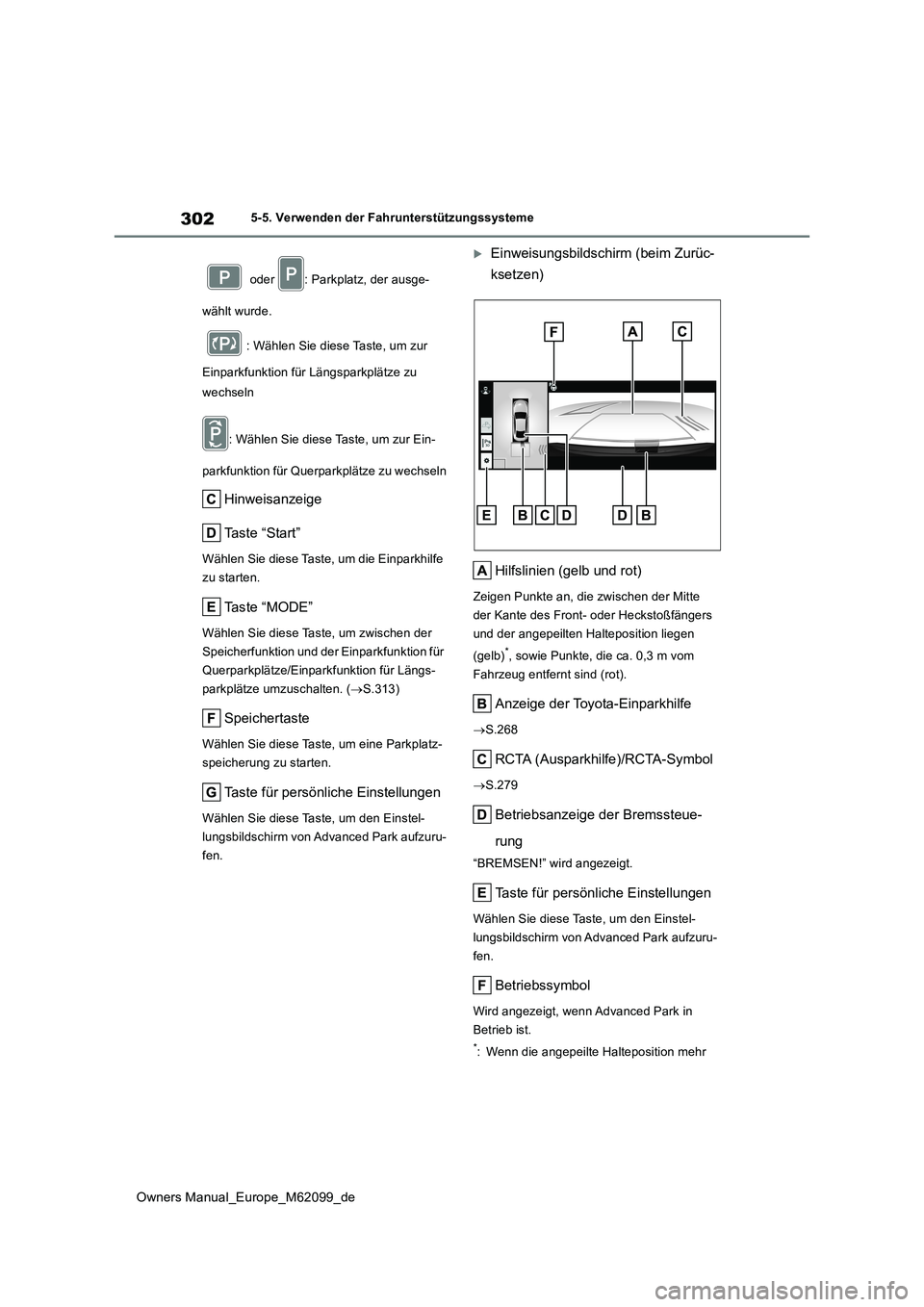TOYOTA MIRAI 2021 Betriebsanleitungen (in German) 302
Owners Manual_Europe_M62099_de
5-5. Verwenden der Fahrunterstützungssysteme
oder : Parkplatz, der ausge-
wählt wurde.
: Wählen Sie diese Taste, um zur
Einparkfunktion für Längsparkplä TOYOTA MIRAI 2021 Betriebsanleitungen (in German) 302
Owners Manual_Europe_M62099_de
5-5. Verwenden der Fahrunterstützungssysteme
oder : Parkplatz, der ausge-
wählt wurde.
: Wählen Sie diese Taste, um zur
Einparkfunktion für Längsparkplä