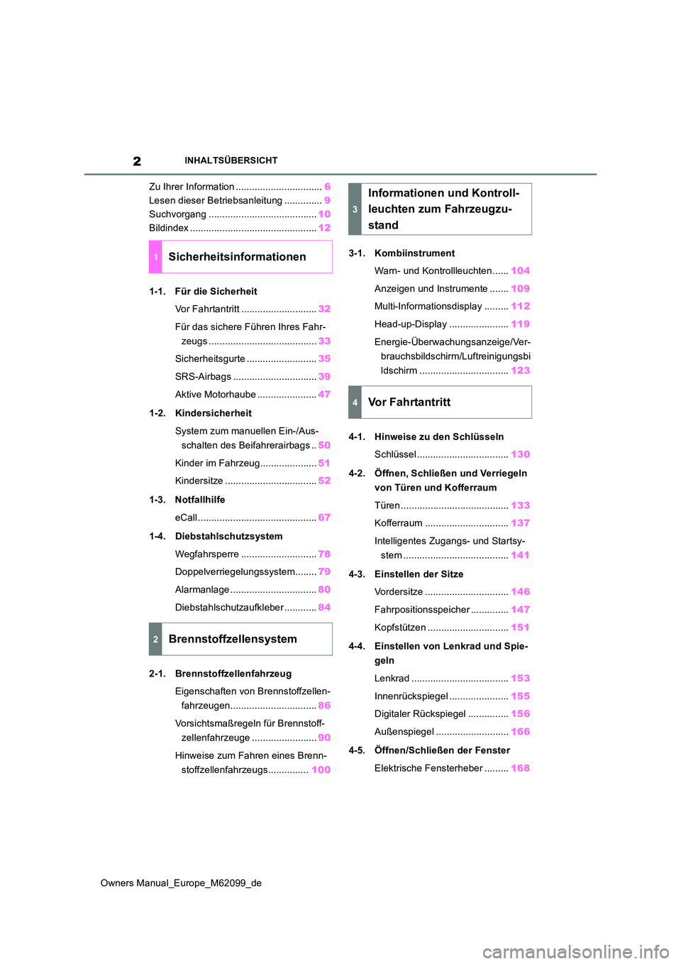 TOYOTA MIRAI 2021  Betriebsanleitungen (in German) 2
Owners Manual_Europe_M62099_de
INHALTSÜBERSICHT
Zu Ihrer Information ................................6 
Lesen dieser Betriebsanleitung .............. 9 
Suchvorgang ................................